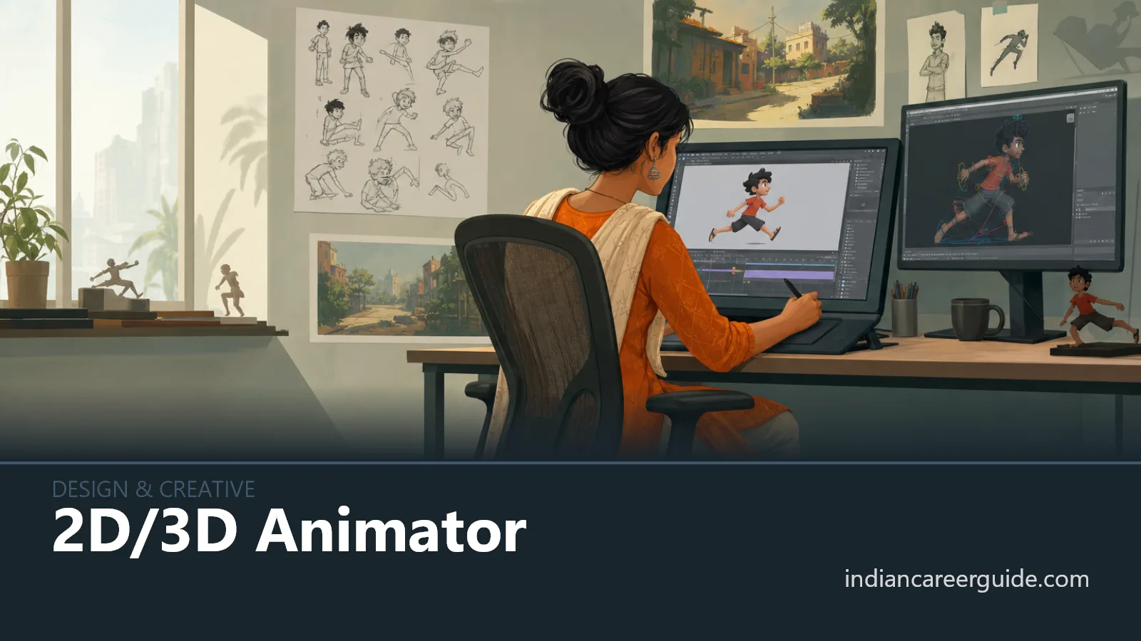 Animation studio where a 2D/3D animator checks a character movement on dual monitors.