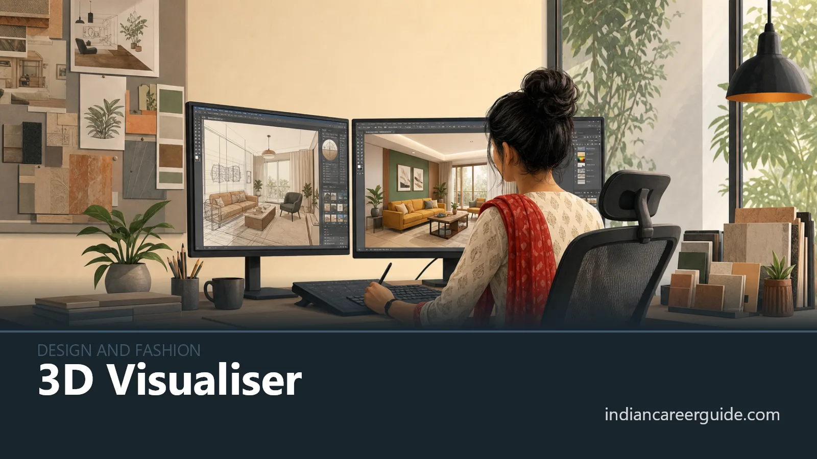 Interior design studio where a 3D visualiser adjusts lighting in a rendered living room scene.
