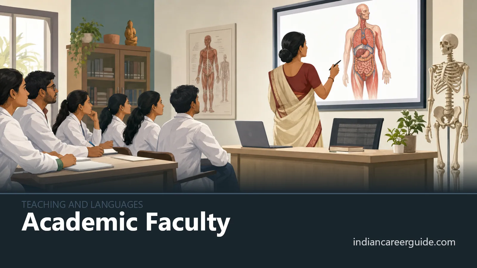 AYUSH college classroom where an Academic Faculty lecturer teaches from an anatomy chart above rows of students.