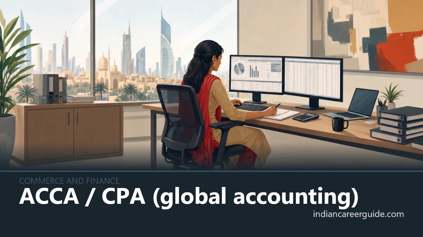 Office finance desk where an ACCA or CPA accountant reviews accounts on a laptop and printed reports.
