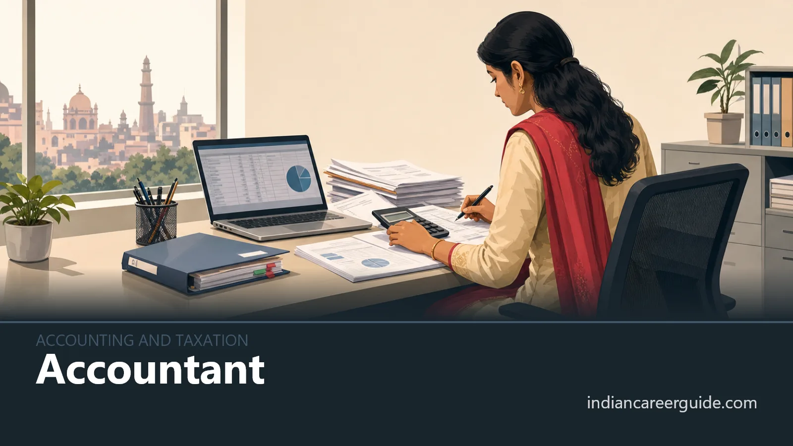 Indian office finance desk where an accountant checks accounts on a computer beside files and invoices.