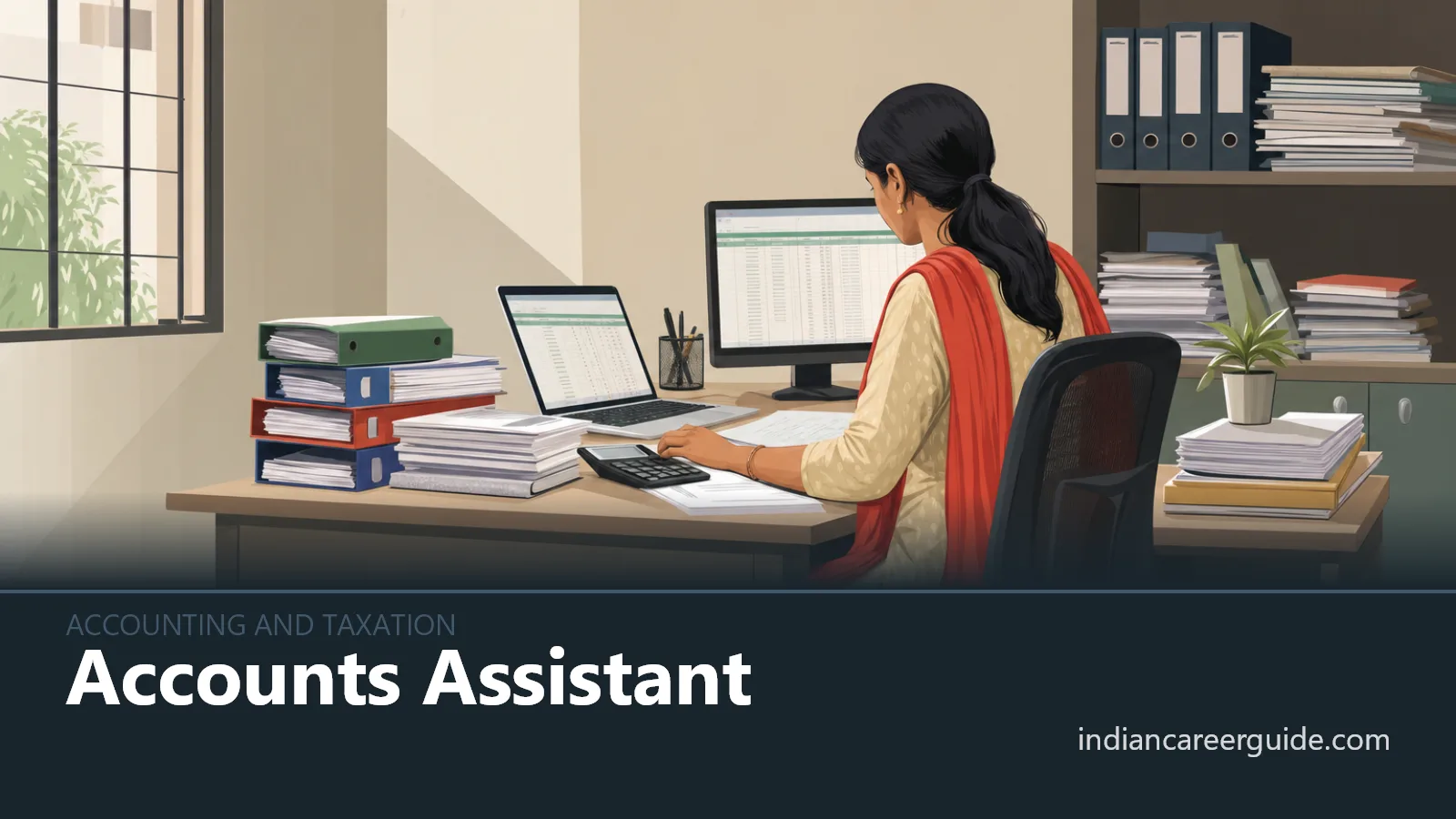 Small business accounts office where an accounts assistant checks GST figures on a computer, with Accounts Assistant printed below.