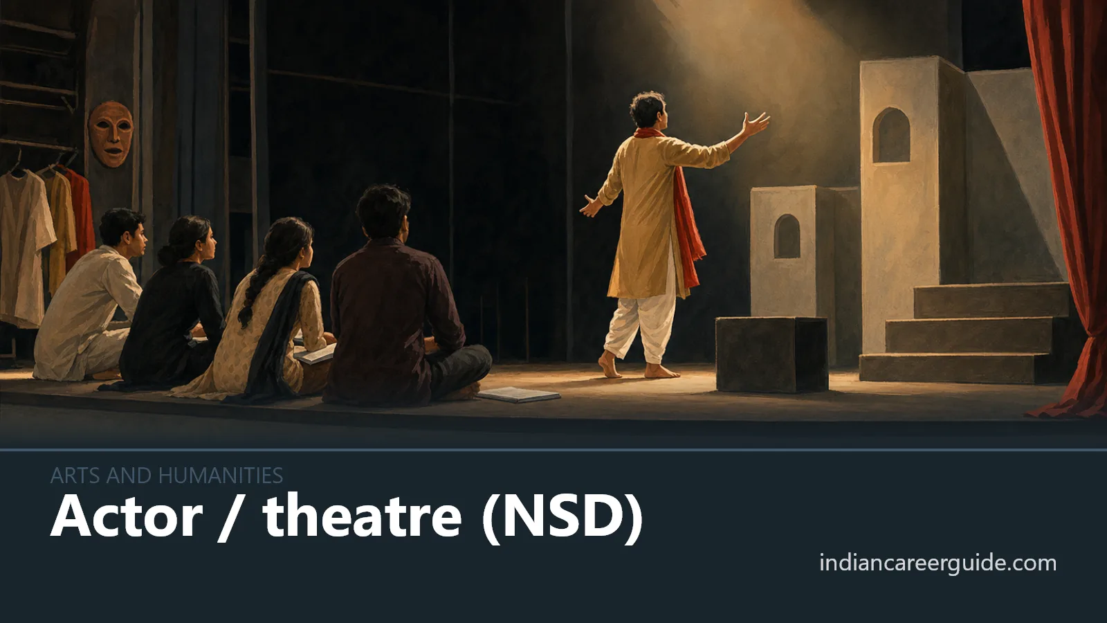In an Indian theatre rehearsal hall, an actor practises a scene under stage lights, with Actor / theatre (NSD) below.