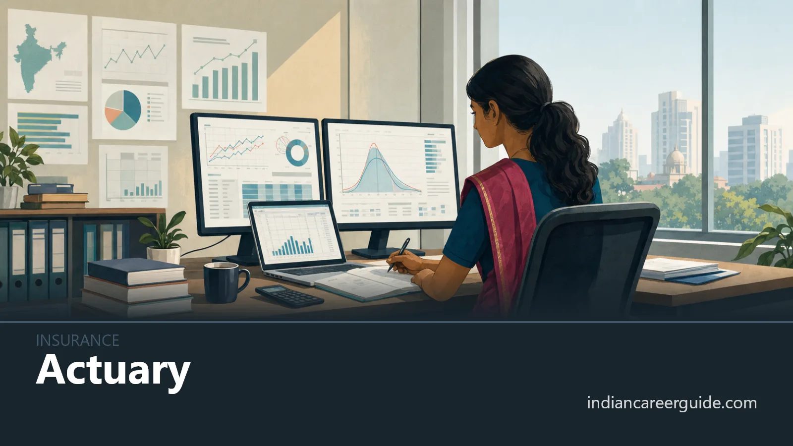 Insurance office in India where an actuary checks valuation data and risk models on dual monitors.