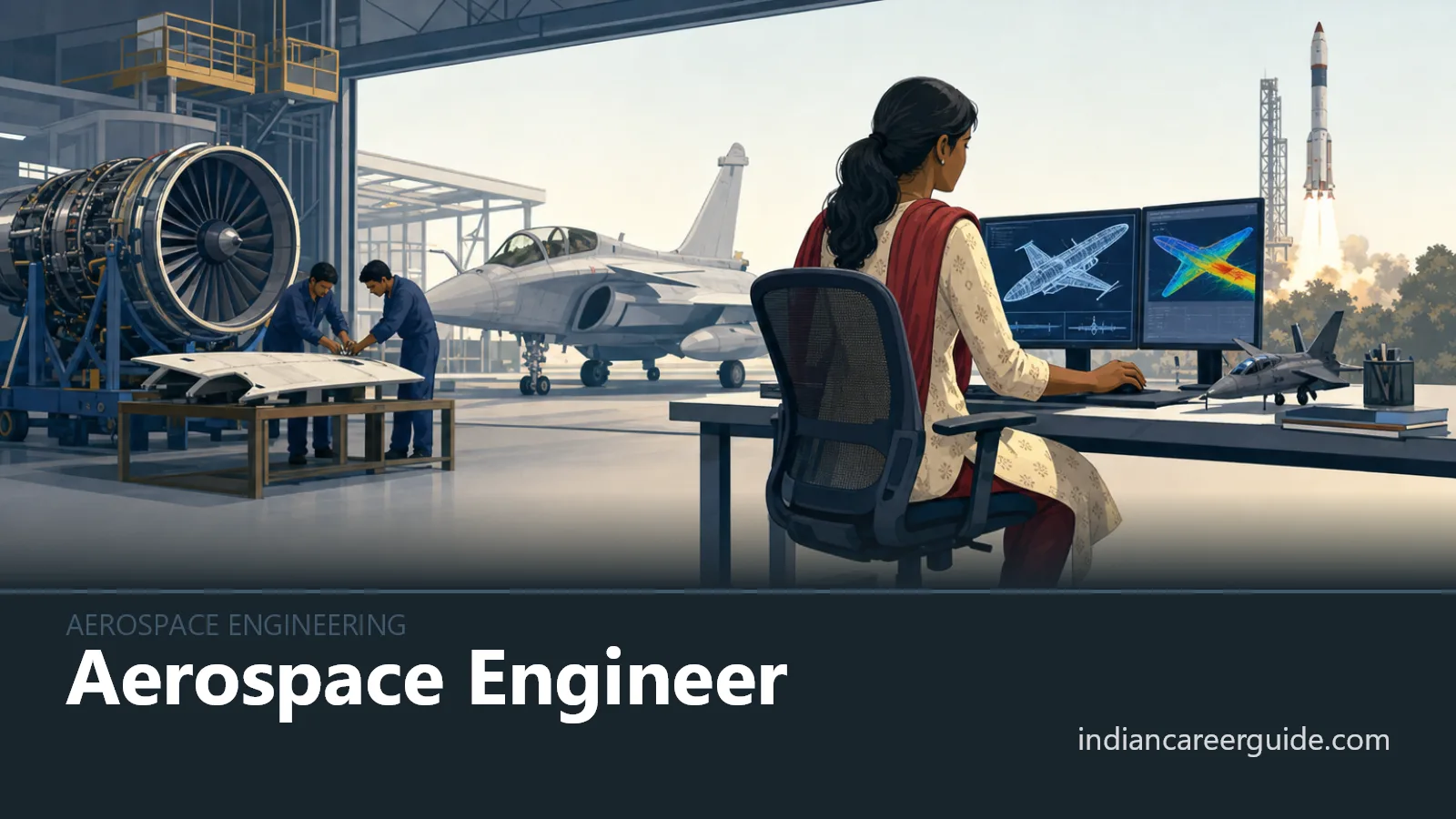 At an Indian aerospace test facility, an aerospace engineer checks sensors on an aircraft test rig.