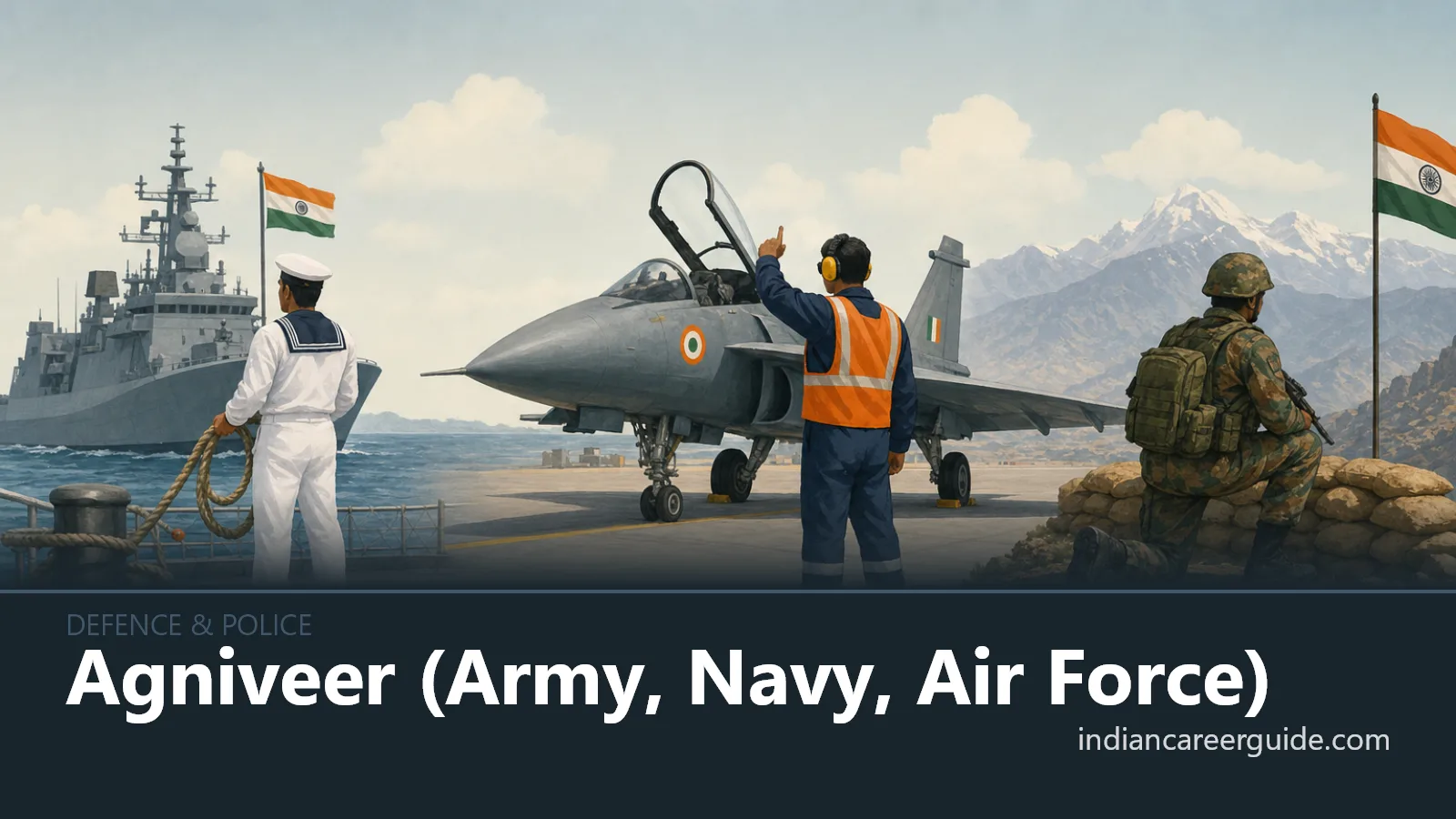 Army training ground where an Agniveer practises drill with their unit, career name printed below.
