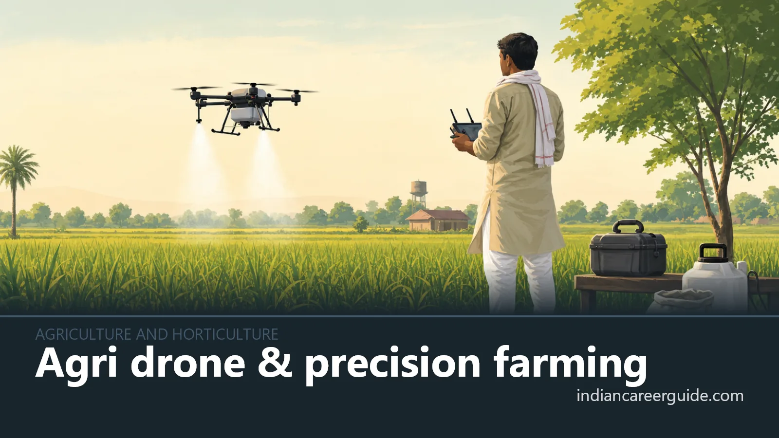 On an Indian farm, a precision farming specialist maps fields as a drone flies over crops.