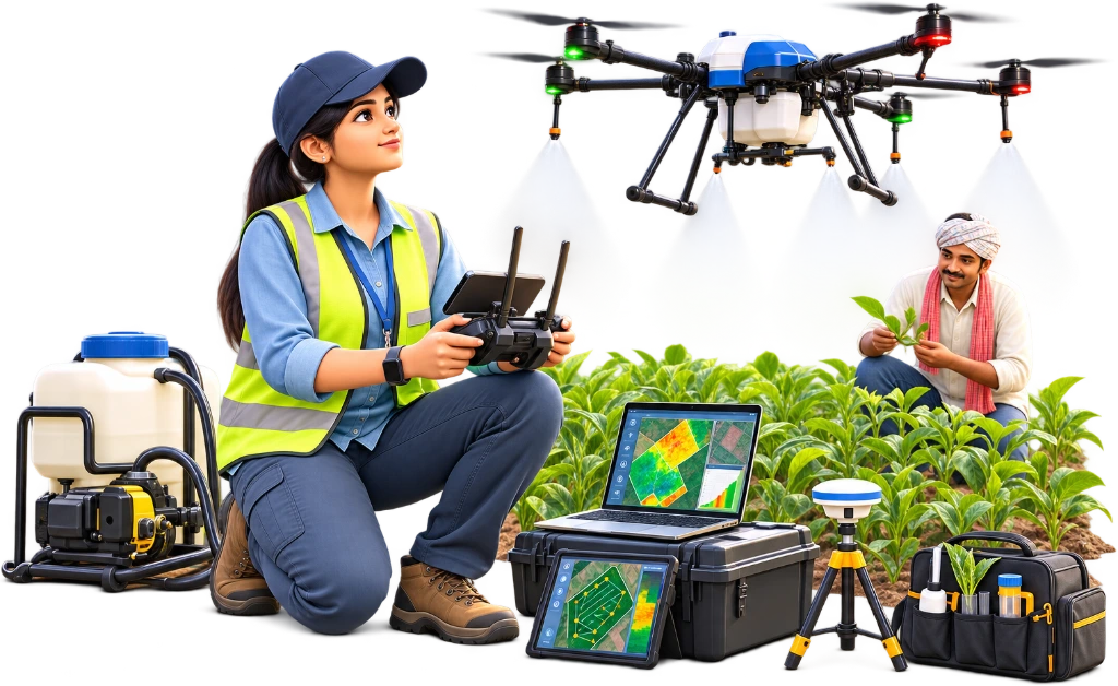 Agri drone operator holding a controller while a spraying drone treats crop rows.