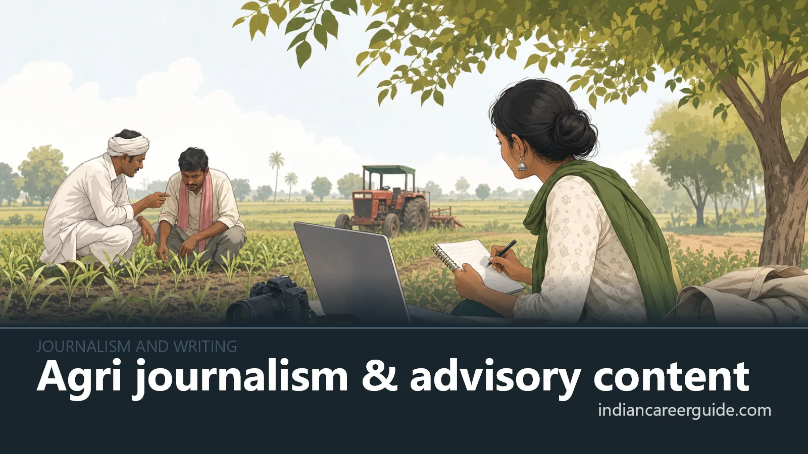 At a village farm office, an agri journalist records a video advisory beside crop samples.