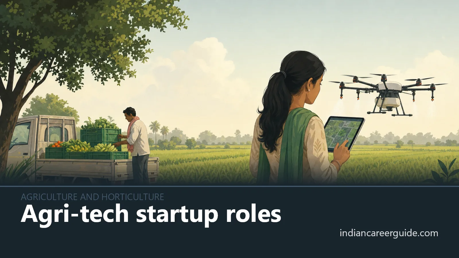 On a farm in India, an agri-tech startup agronomy associate checks crop data beside growers.
