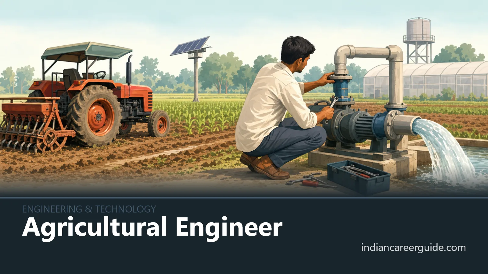 On an Indian farm, an agricultural engineer checks irrigation pipes beside crop rows.