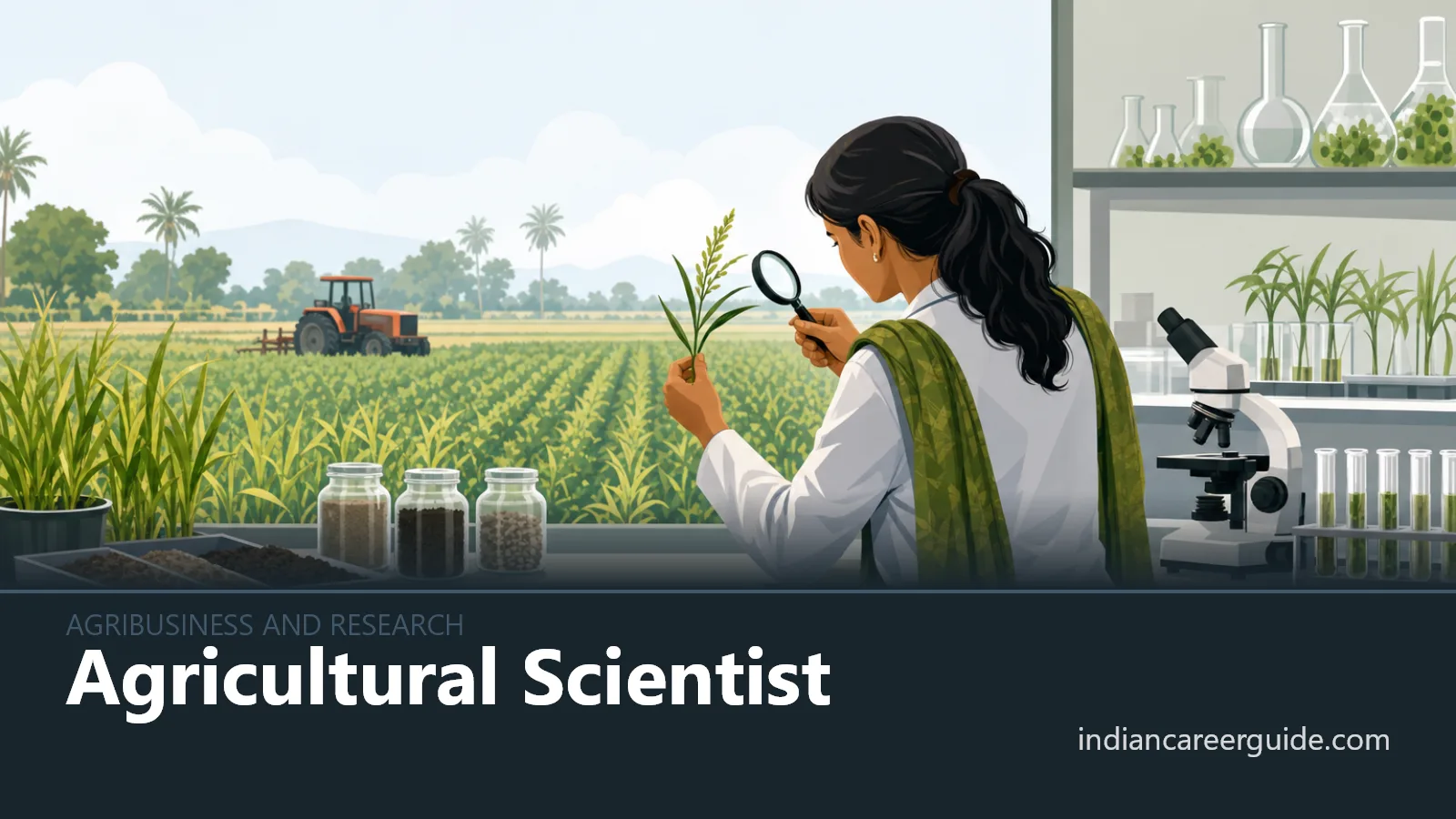 Crop trial field at an Indian research farm, where an agricultural scientist records plant growth in test plots.