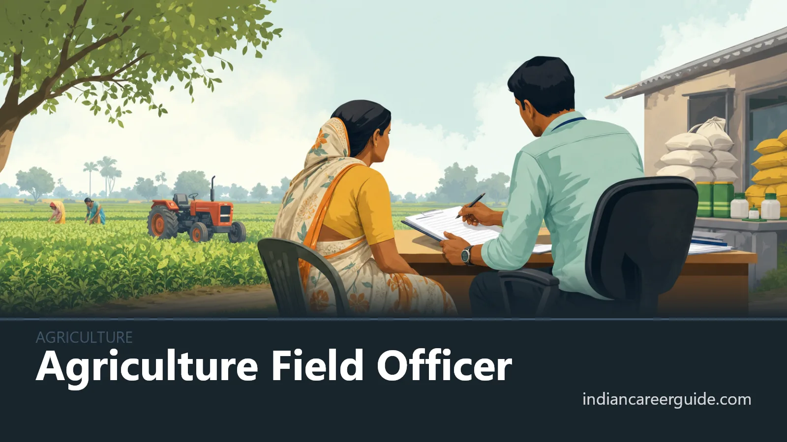 At a village farm, an Agriculture Field Officer checks crop conditions for an agricultural loan report.