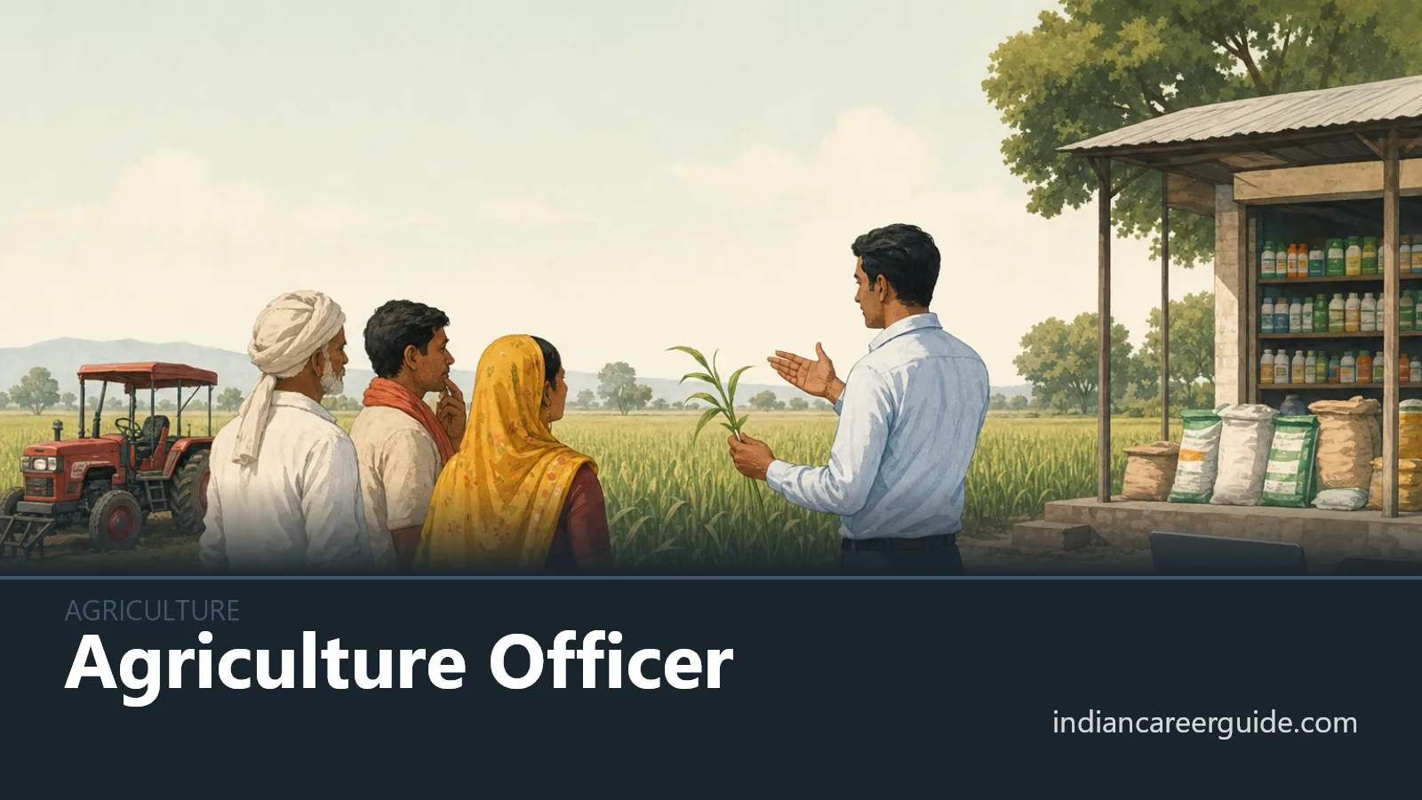 On a village farm, an Agriculture Officer advises farmers beside a crop field and scheme forms.