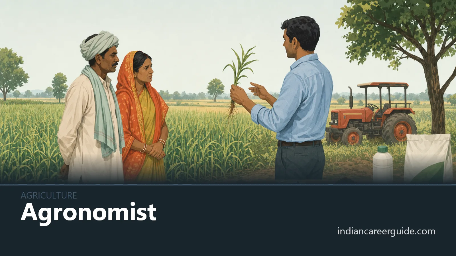 Crop field in an Indian village where an agronomist checks plant growth and soil beside farmers.