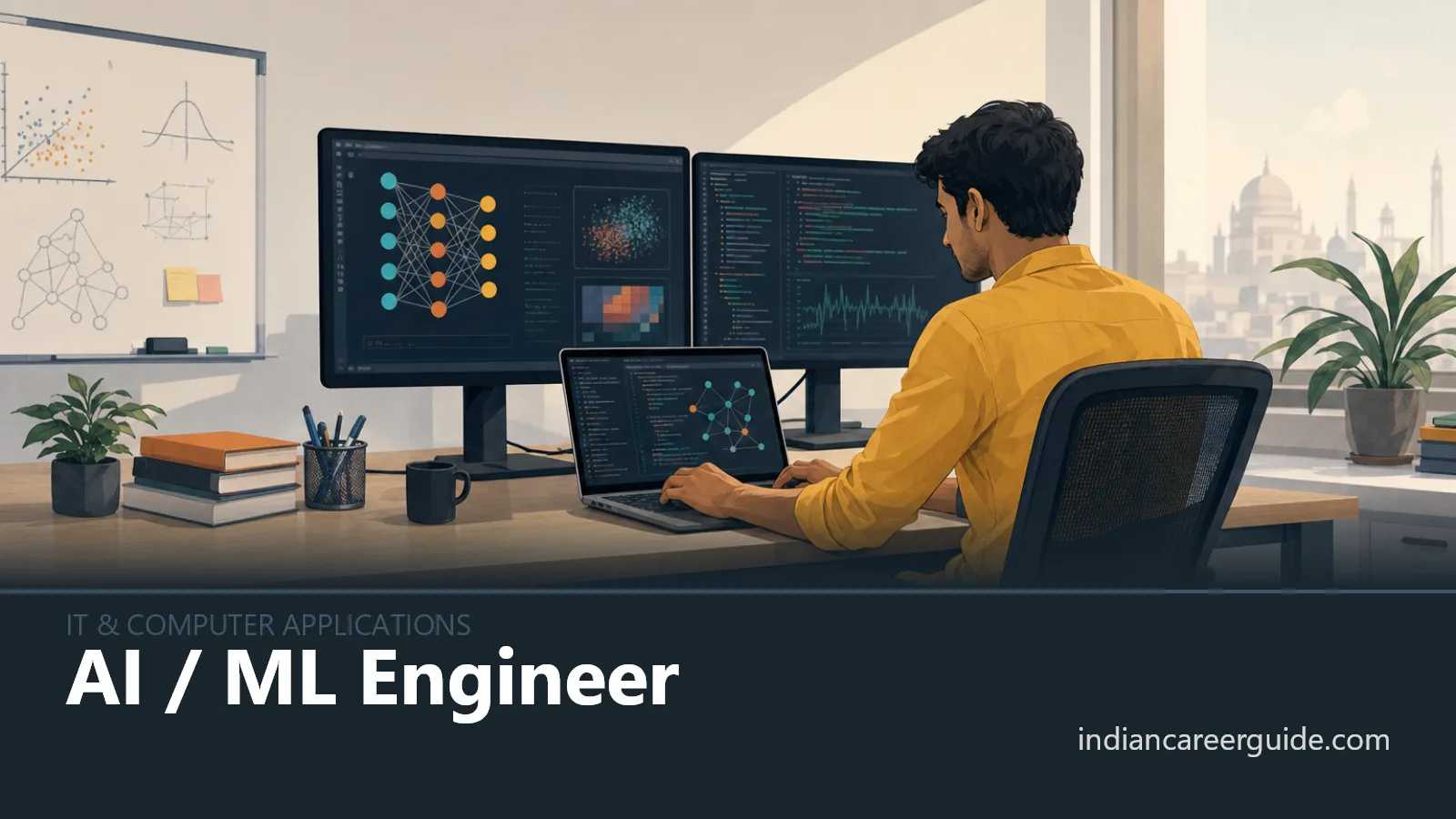 Indian tech office where an AI/ML engineer tests a model on dual monitors, with the career name below.
