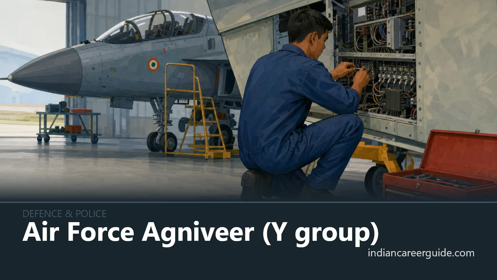 At an Indian Air Force maintenance hangar, an Agniveer Y Group technician checks aircraft equipment.