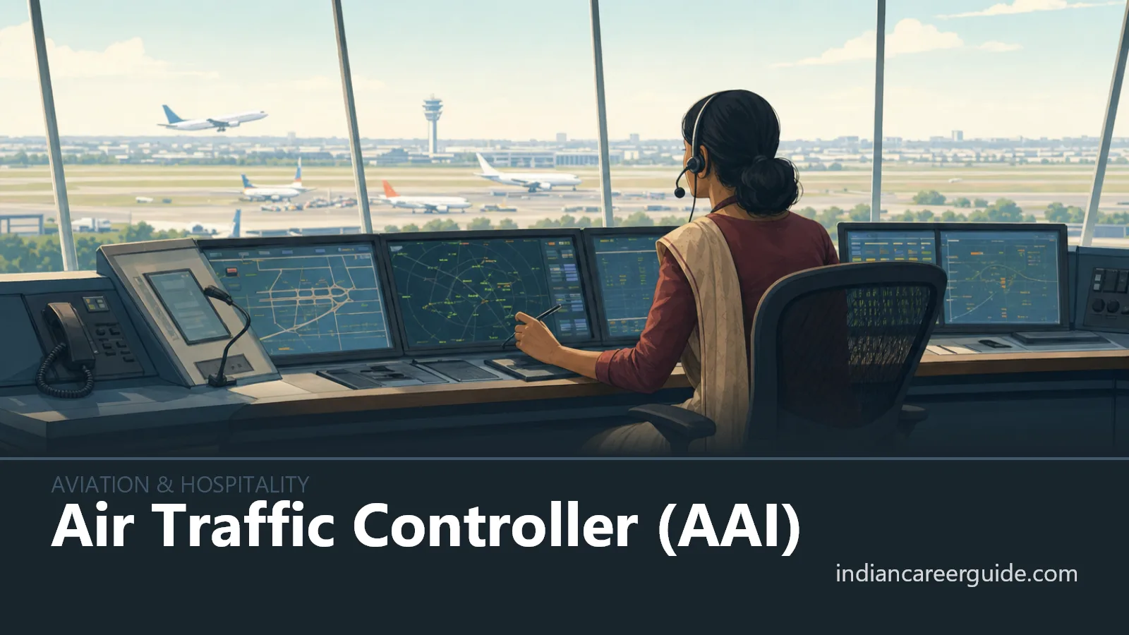 Airport control tower where an Air Traffic Controller monitors aircraft movement on radar screens and radio.