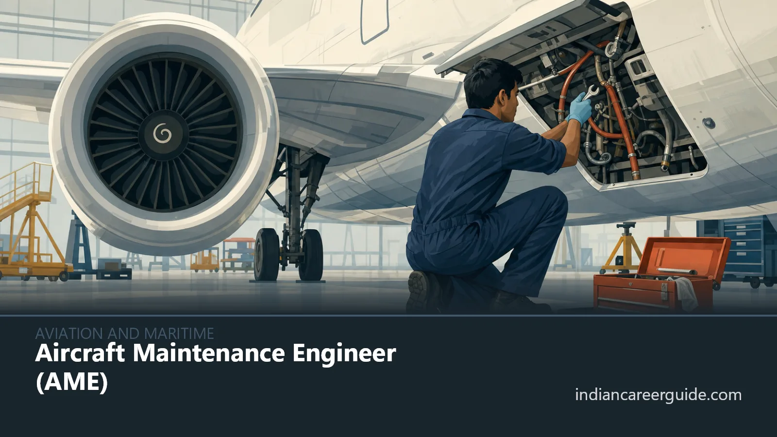 At an Indian airport hangar, an Aircraft Maintenance Engineer checks an aircraft landing gear.