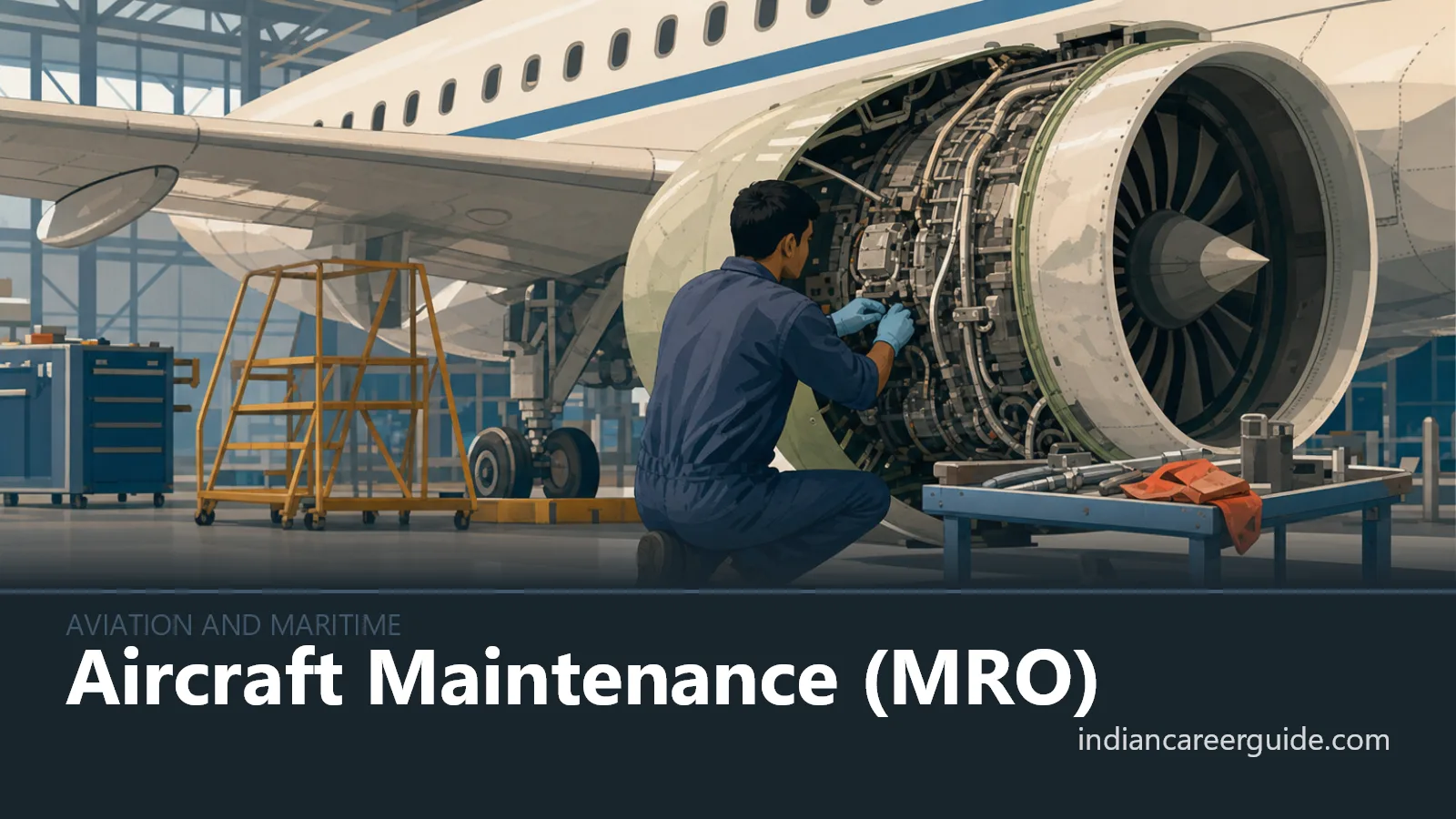 Inside an Indian MRO hangar, an aircraft maintenance engineer inspects an airliner wing.