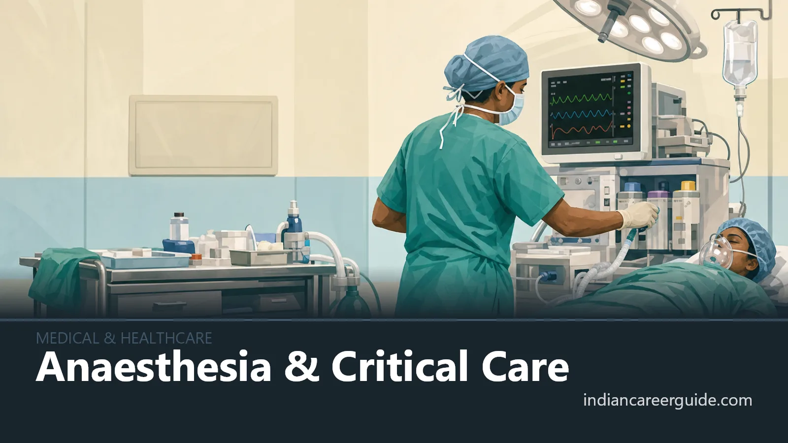Hospital operating theatre where an anaesthetist monitors a patient before surgery, with Anaesthesia & Critical Care below.