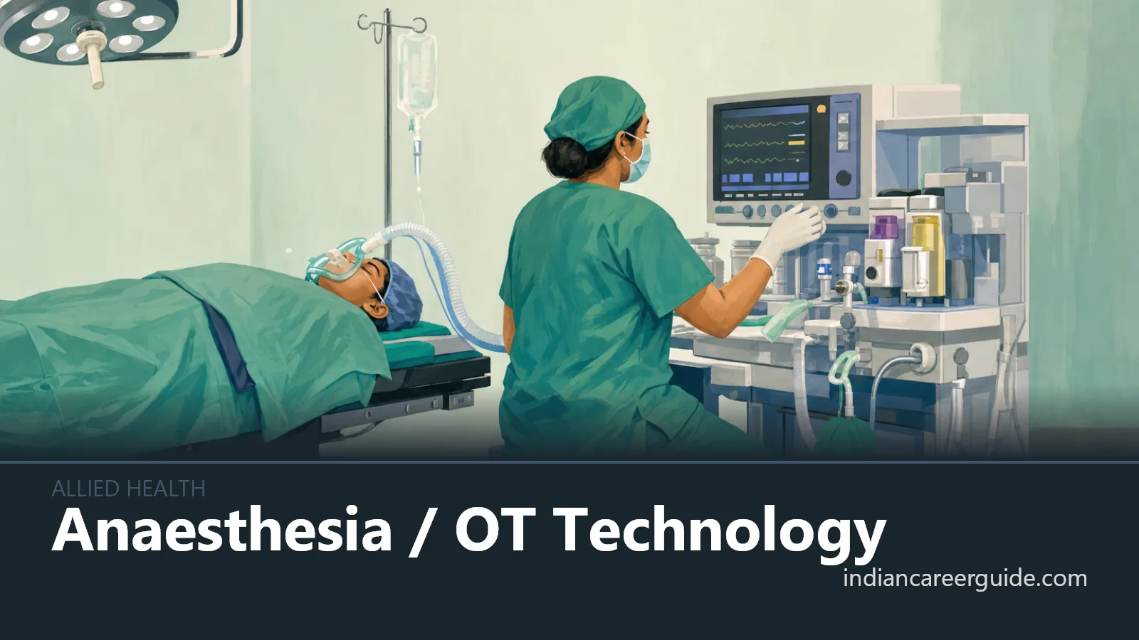 In an Indian operating theatre, an OT technician prepares sterile instruments, with Anaesthesia / OT Technology printed below.