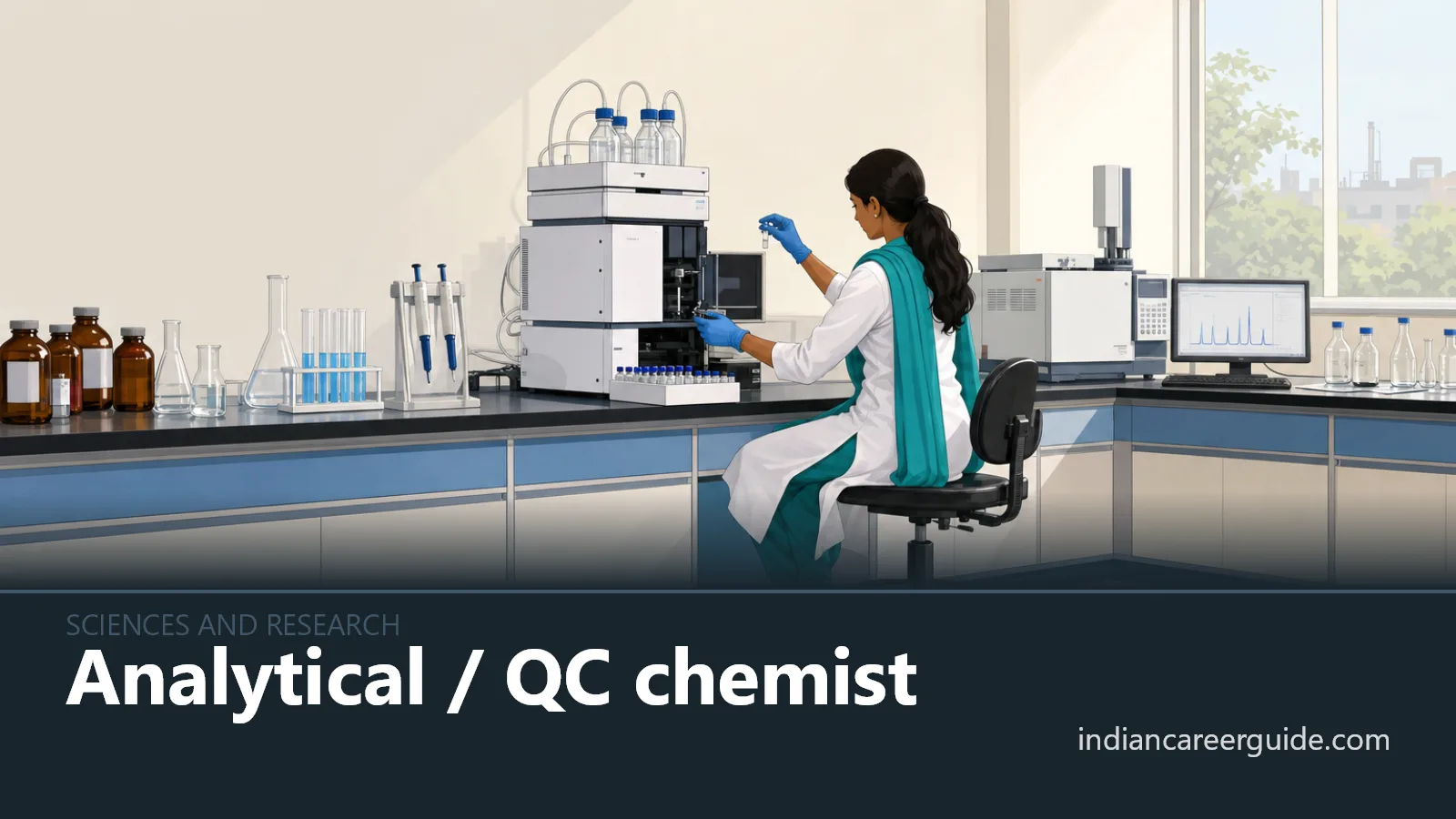 Quality control laboratory where an analytical chemist checks a sample on an instrument bench.