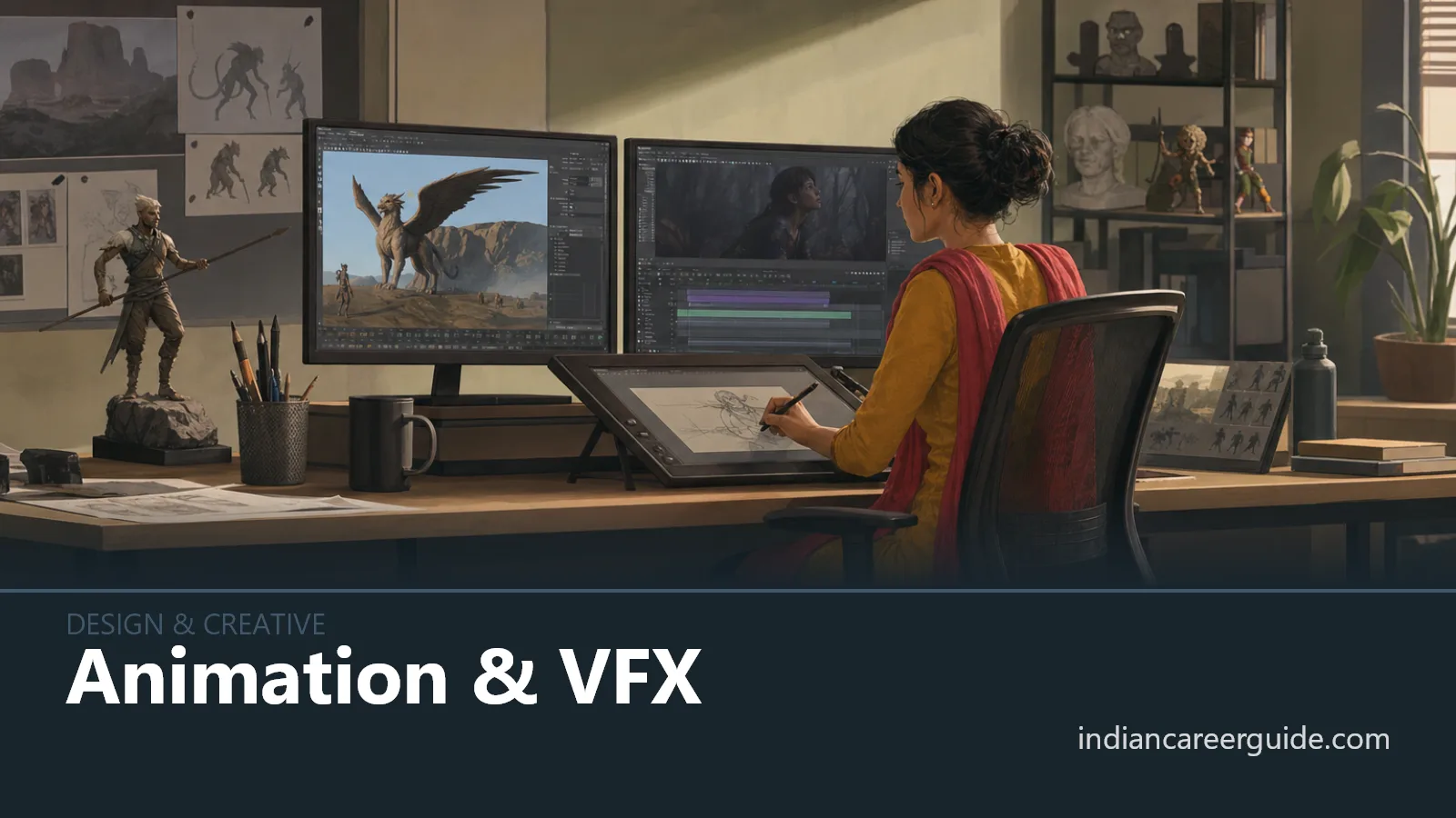 Indian animation studio where an animator reviews a character sequence on two monitors, Animation & VFX.
