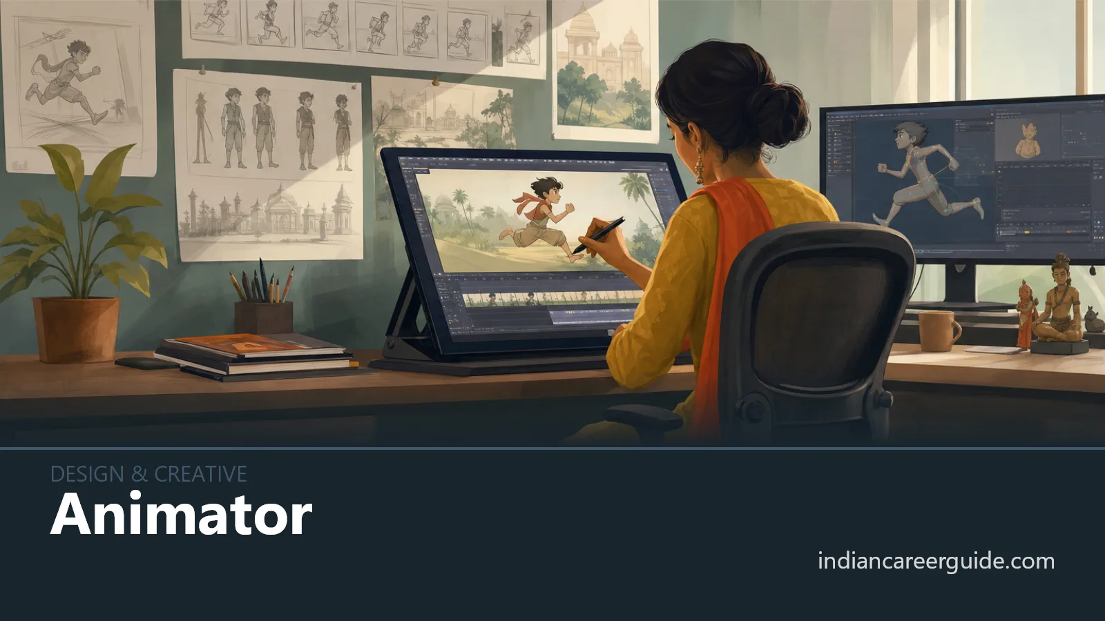 Indian animation studio where an animator reviews a character sequence on dual monitors.