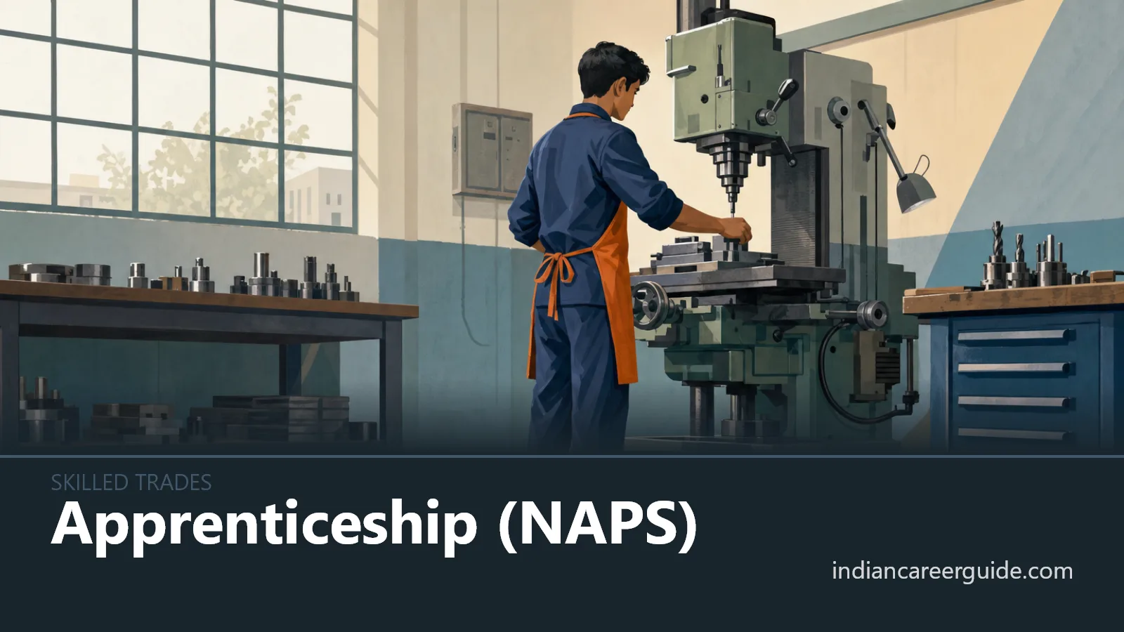 Factory workshop where an NAPS apprentice checks a machine panel beside a supervising technician.