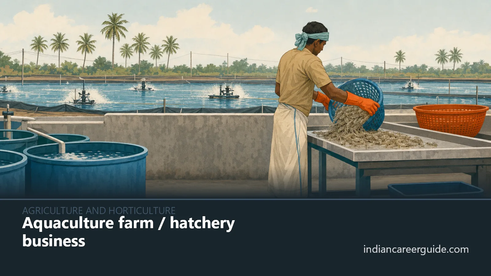 At a coastal hatchery, an aquaculture farmer checks shrimp tanks, with the career name across the bottom.