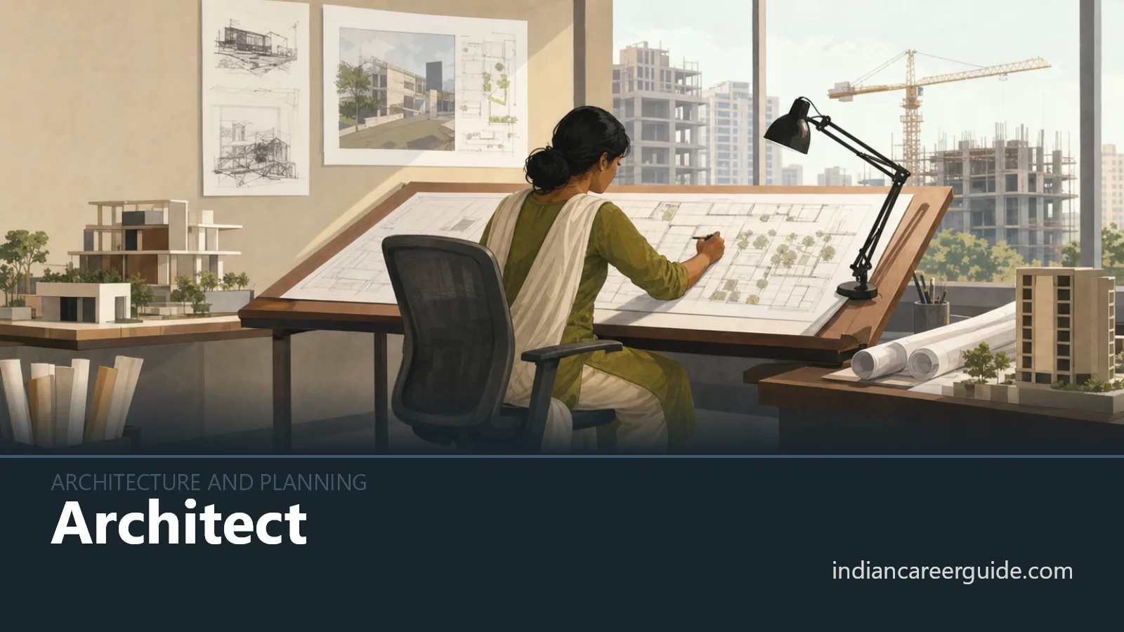 At a building site, an architect checks drawings with engineers beside a partly built structure.