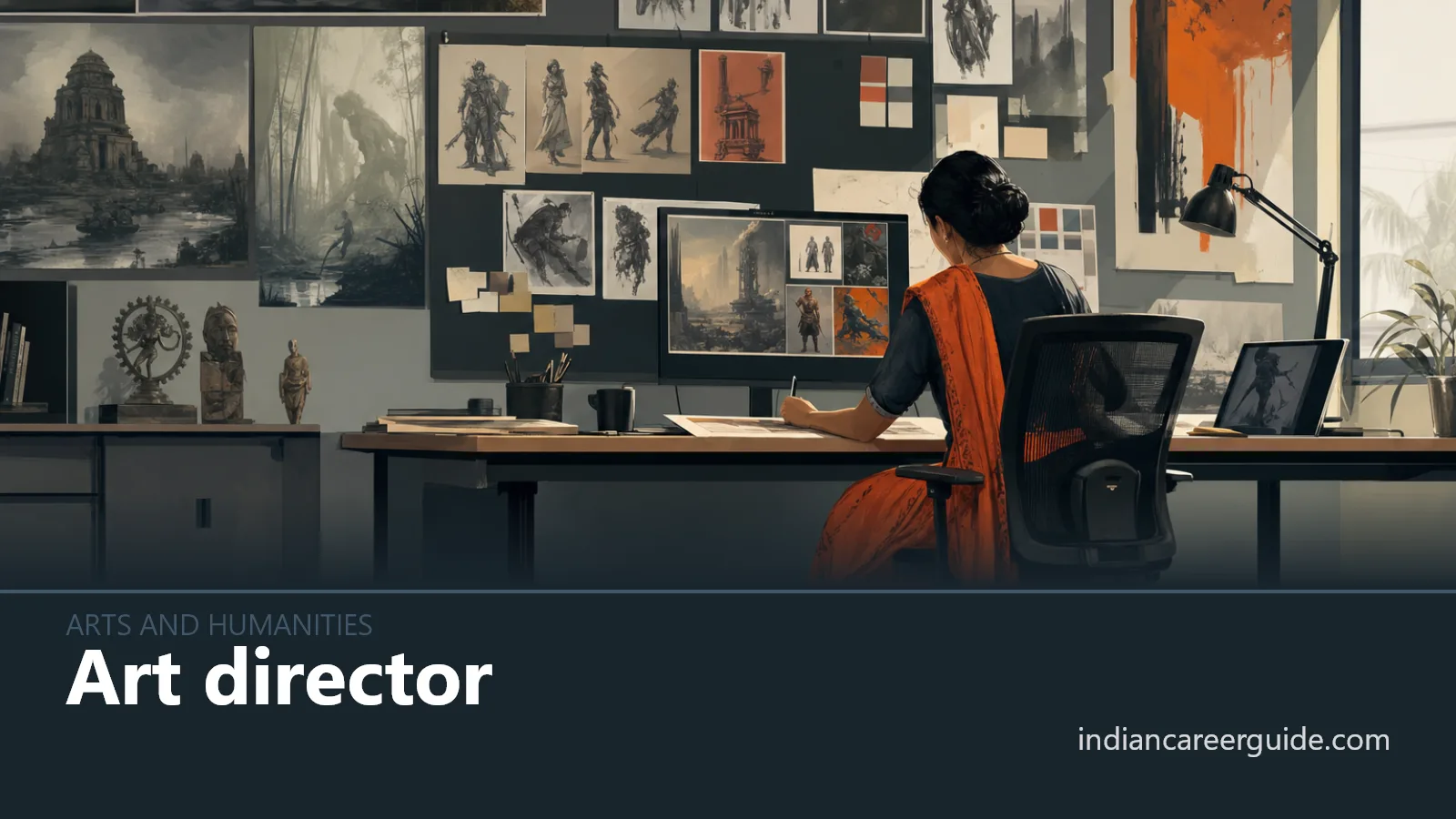 Advertising agency studio where an art director reviews campaign posters with designers at a shared desk.