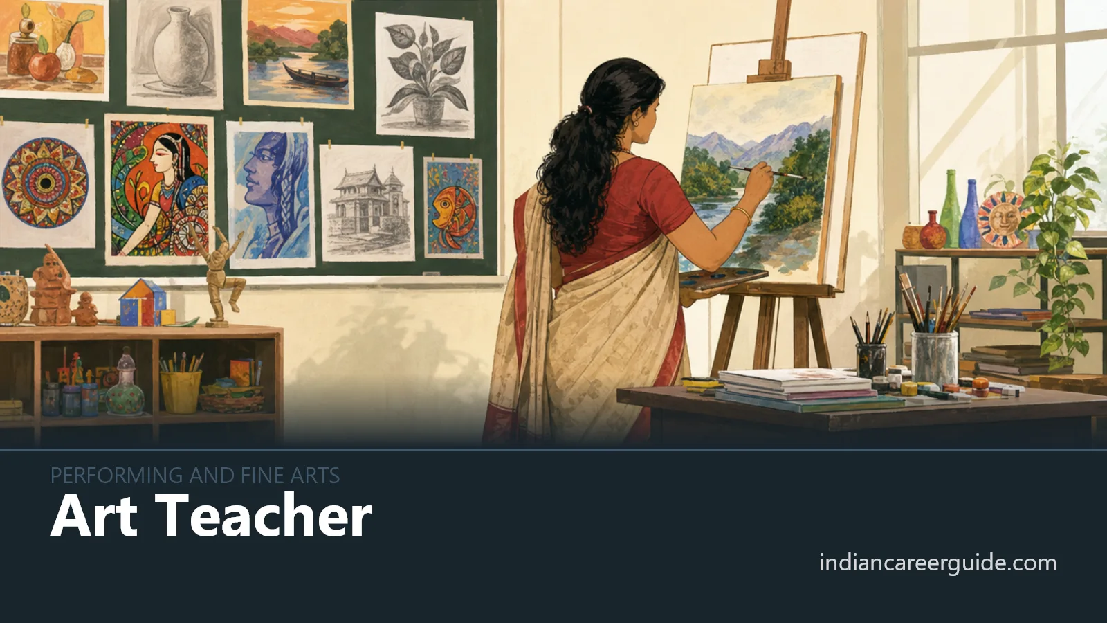 School art room where an art teacher helps pupils paint posters, with the career name across the bottom.