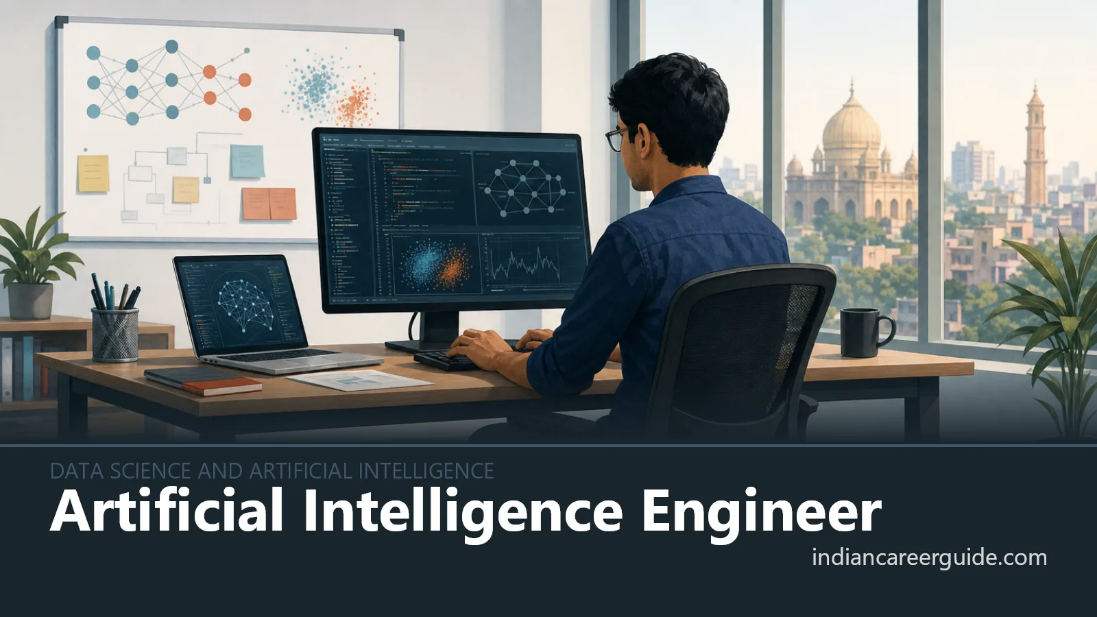 Technology office where an artificial intelligence engineer monitors a deployed model on dual screens.