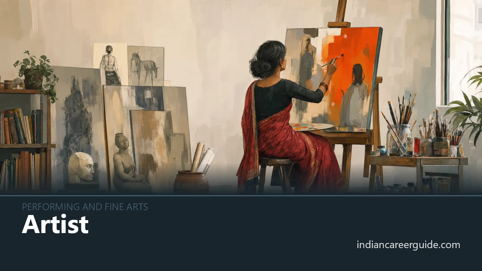 Indian art studio where an artist paints a large canvas, with drying works and brushes on shelves.
