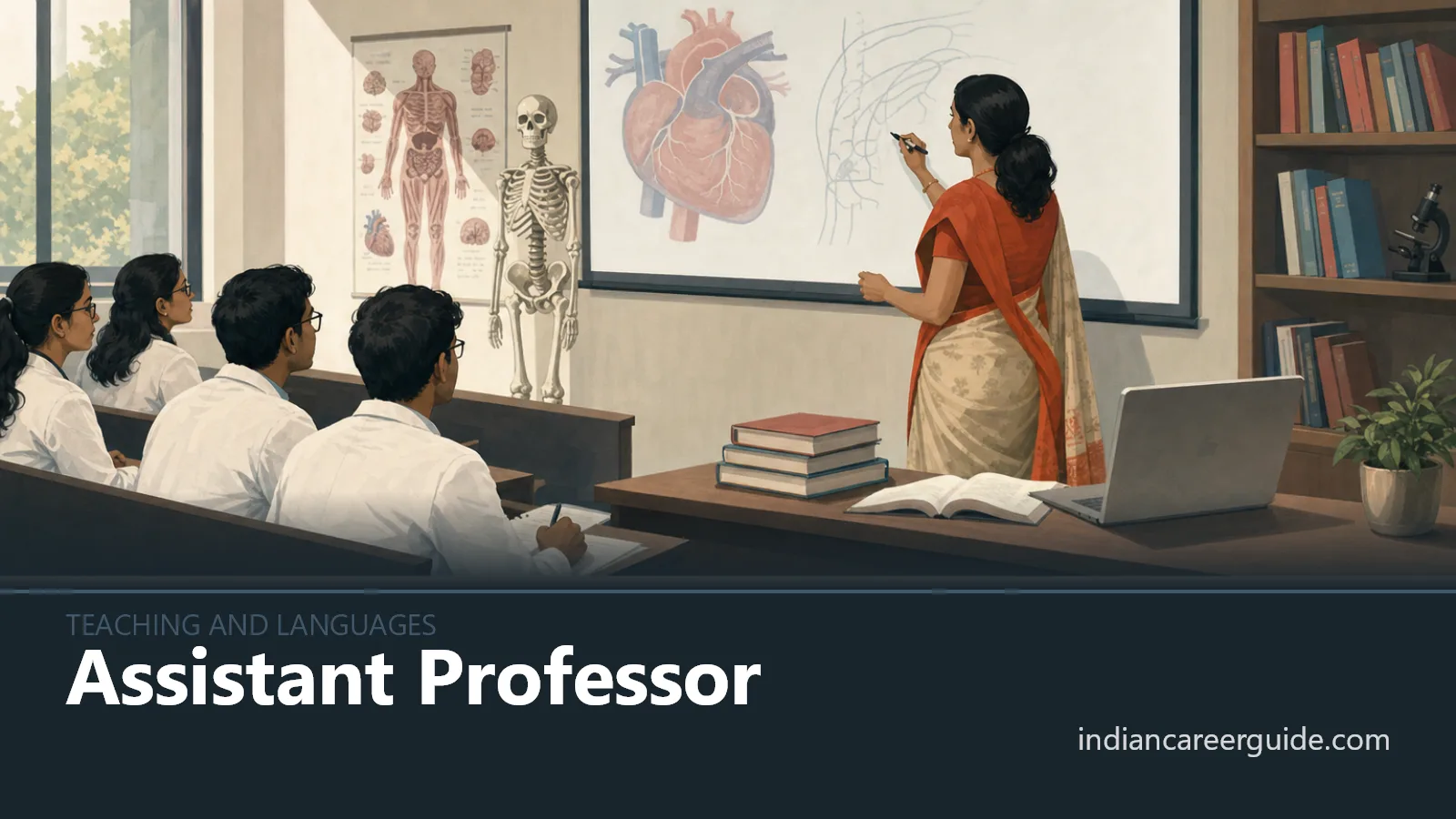 University classroom where an Assistant Professor explains a diagram to students using a projected screen.