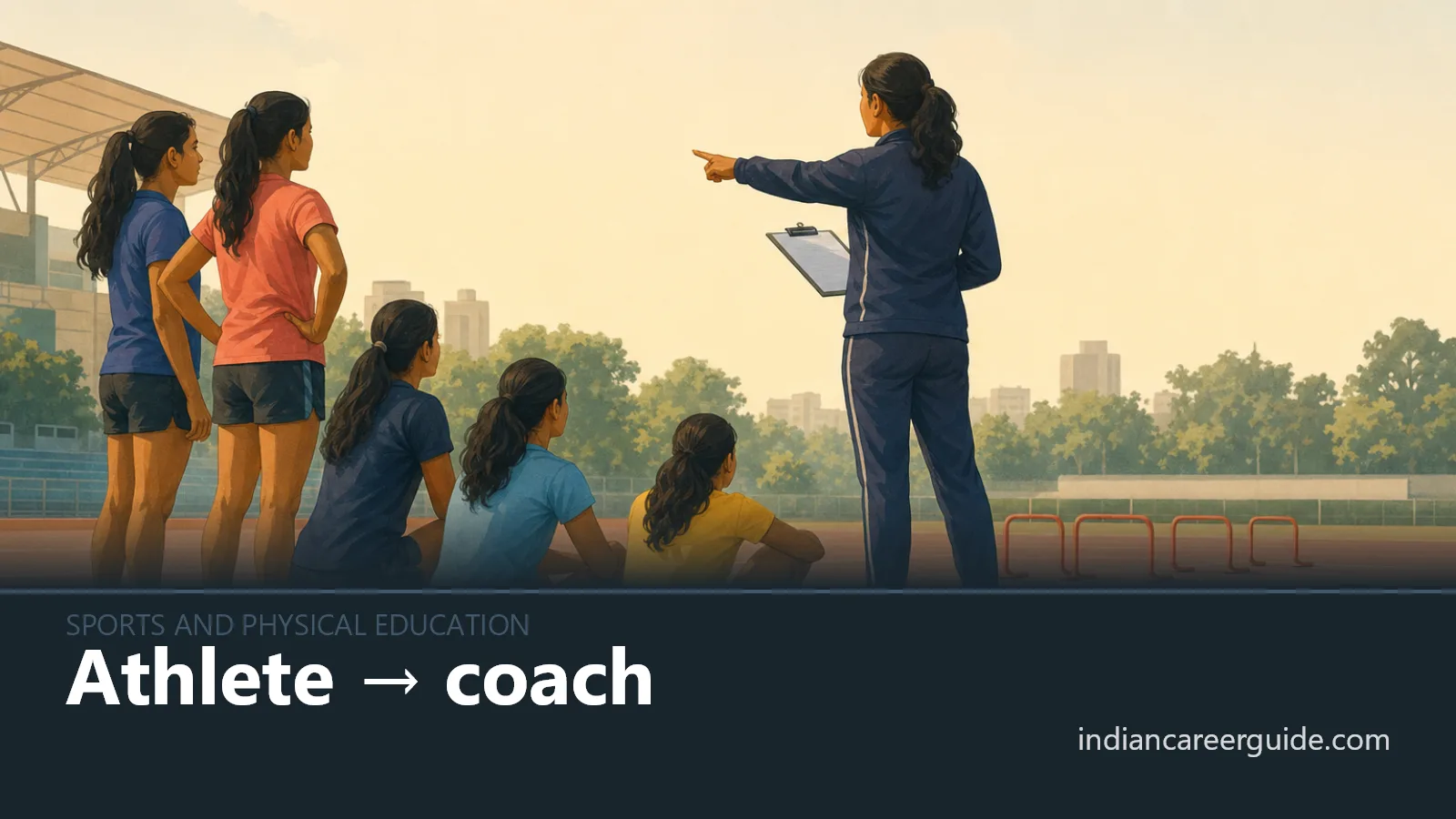 On a school sports ground, an athlete coach times sprint drills as players practise on the track.