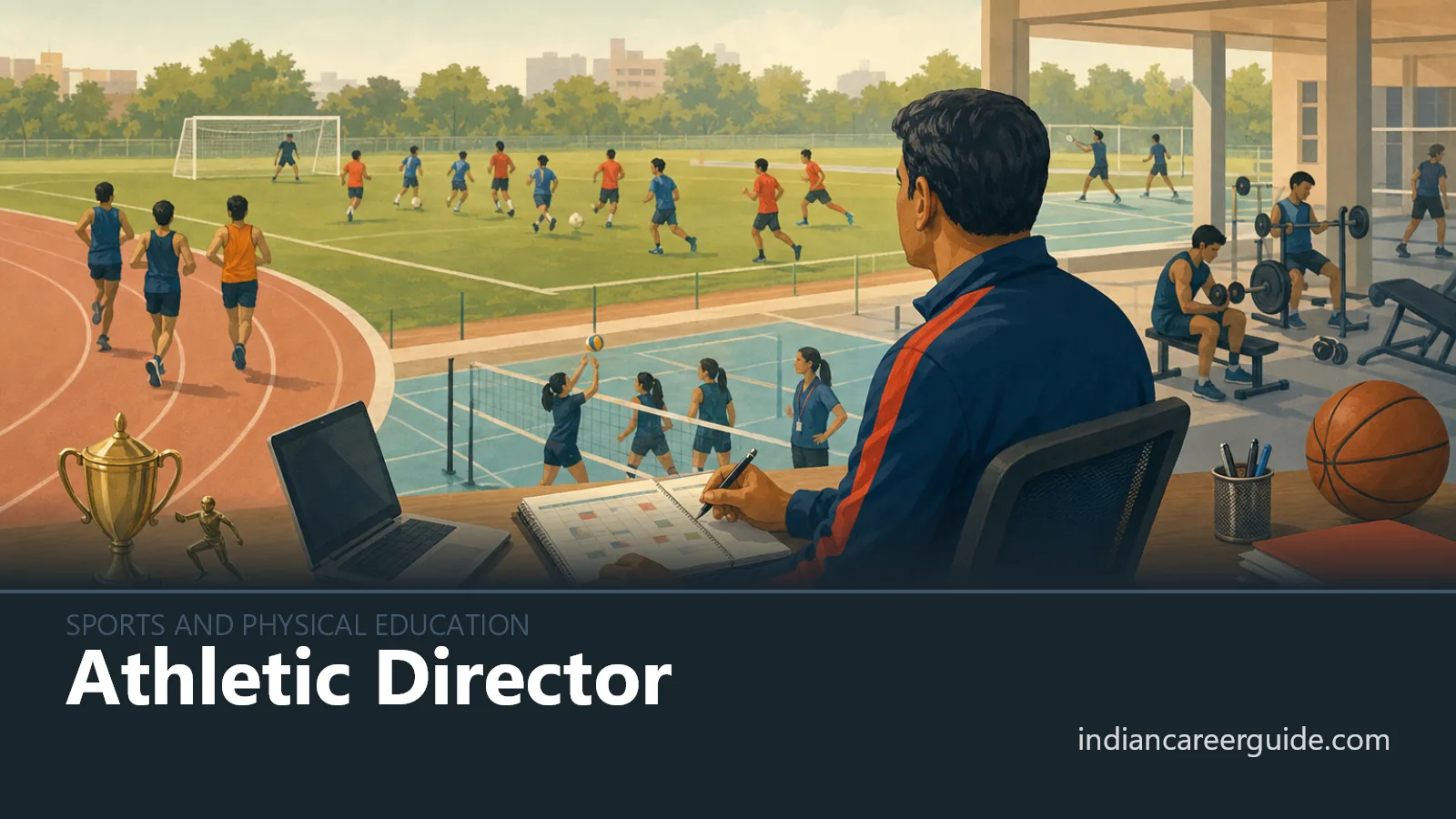 School sports ground where an athletic director checks team drills and a fixture schedule.