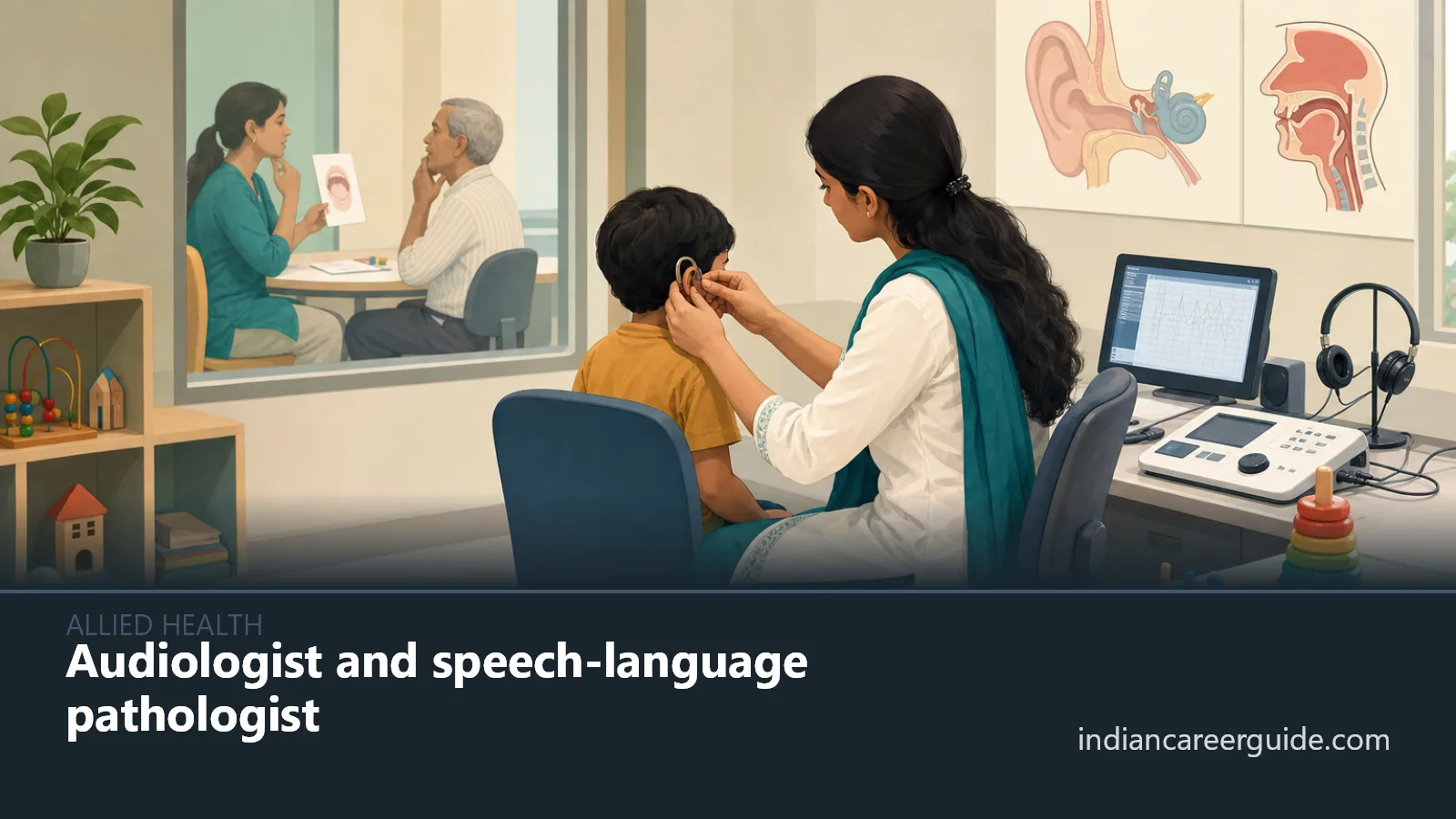 Rehabilitation clinic where an audiologist tests a patient's hearing in a sound-treated room.