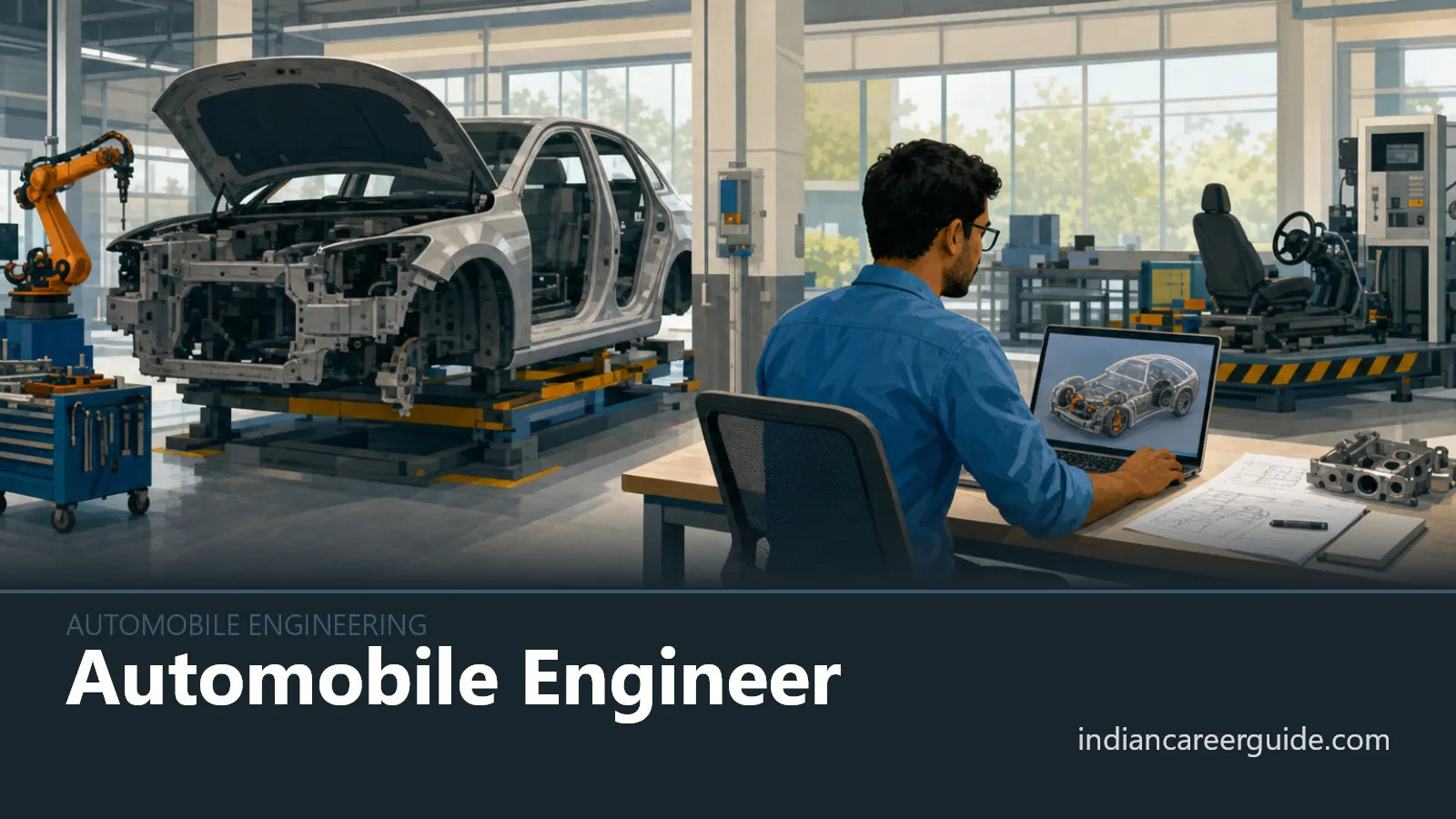 Vehicle testing bay where an automobile engineer checks sensors under a car bonnet, with Automobile Engineer printed below.