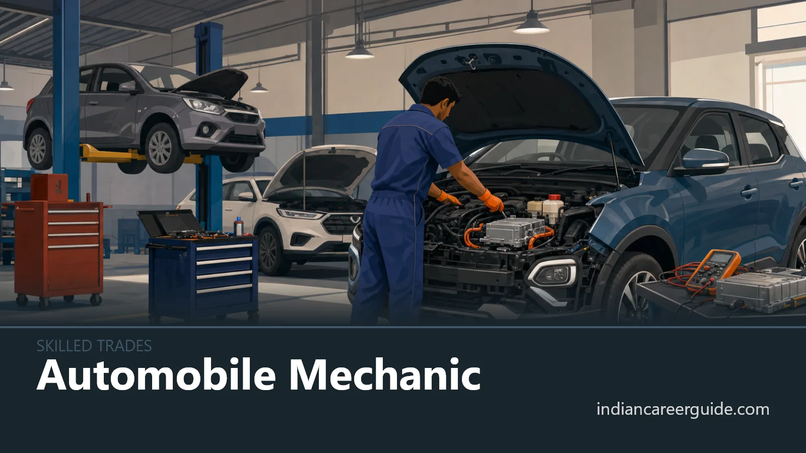 Indian service workshop where an automobile mechanic checks a vehicle on a lift, with Automobile Mechanic printed below.