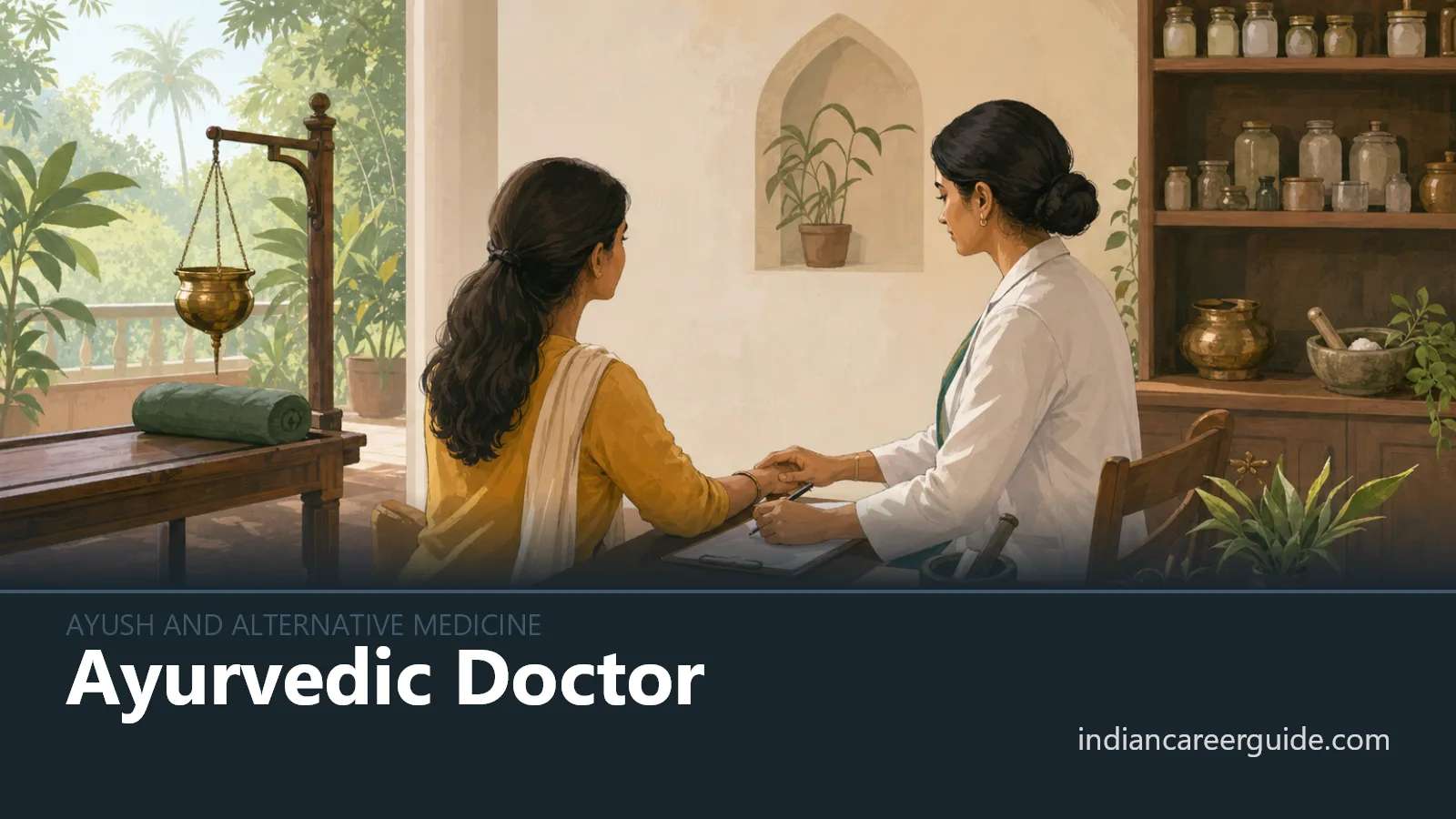 Ayurvedic clinic consultation room where a doctor checks a patient's pulse, with Ayurvedic Doctor printed below.