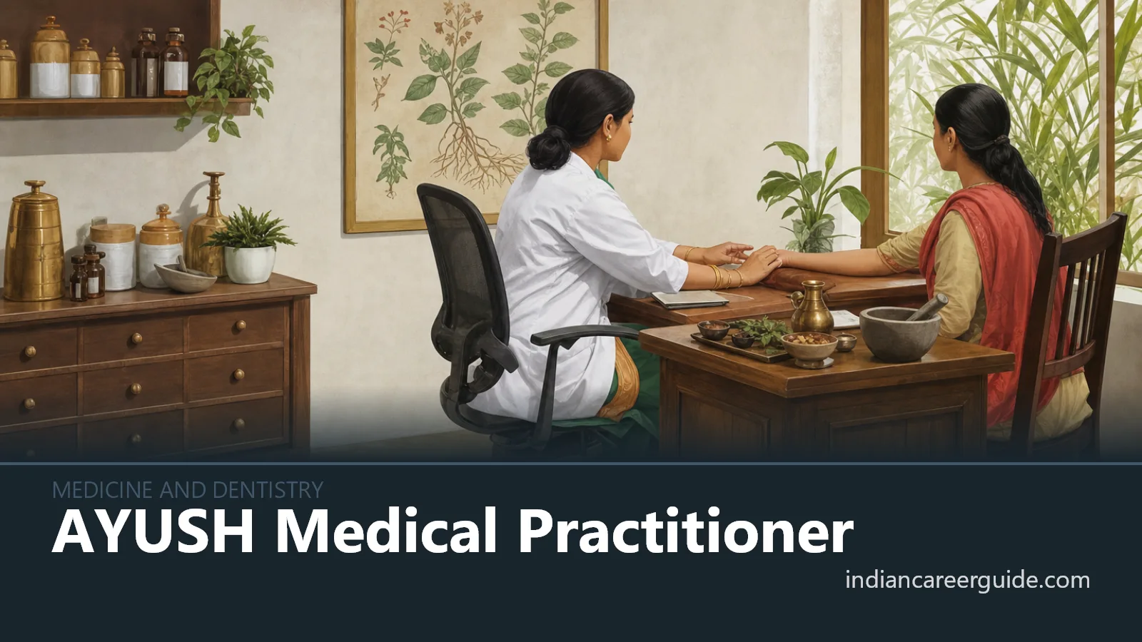 At an Indian AYUSH clinic, an AYUSH medical practitioner examines a patient at a consultation desk.