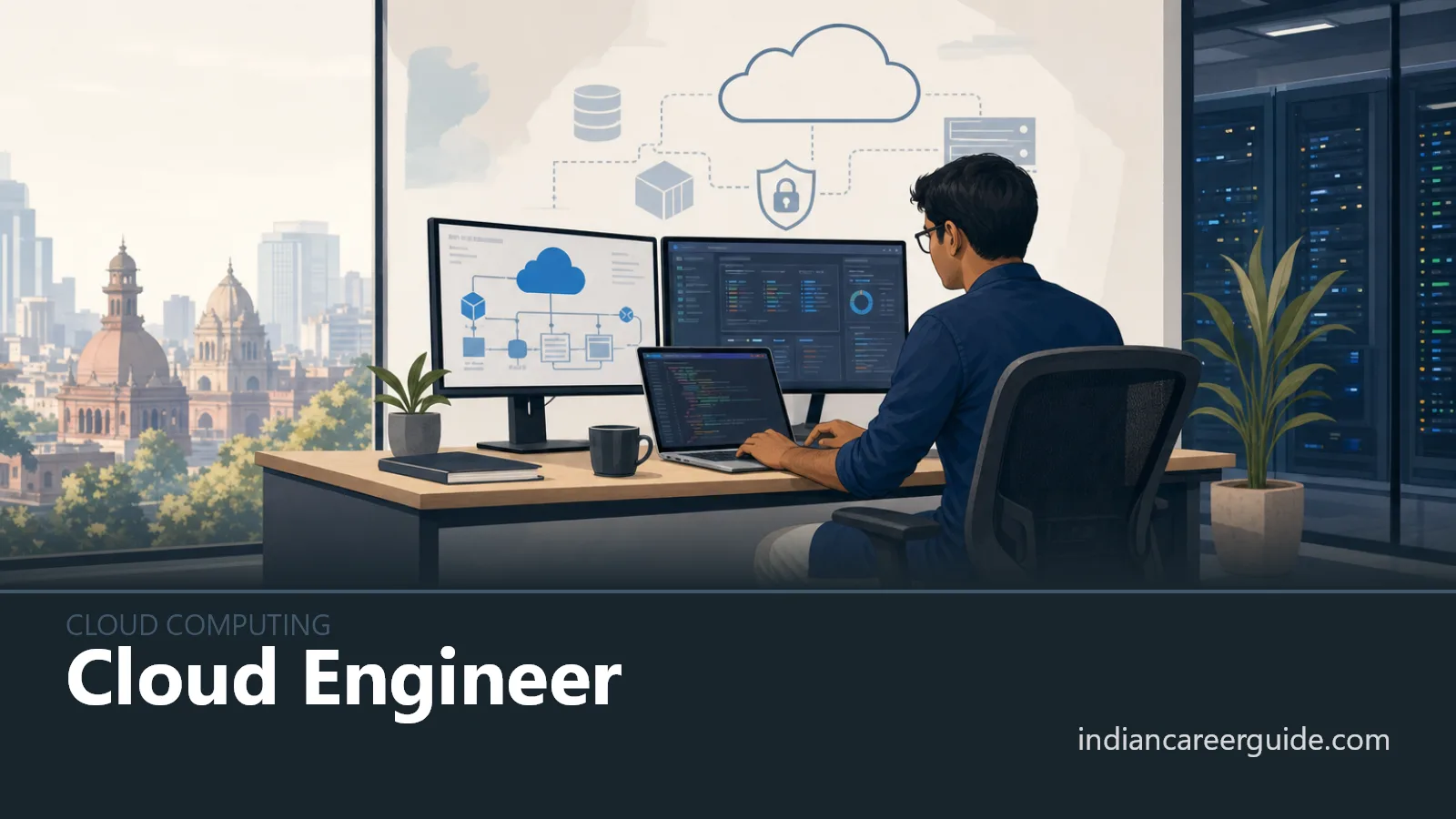 Cloud operations centre where a cloud engineer monitors infrastructure alerts on large screens.
