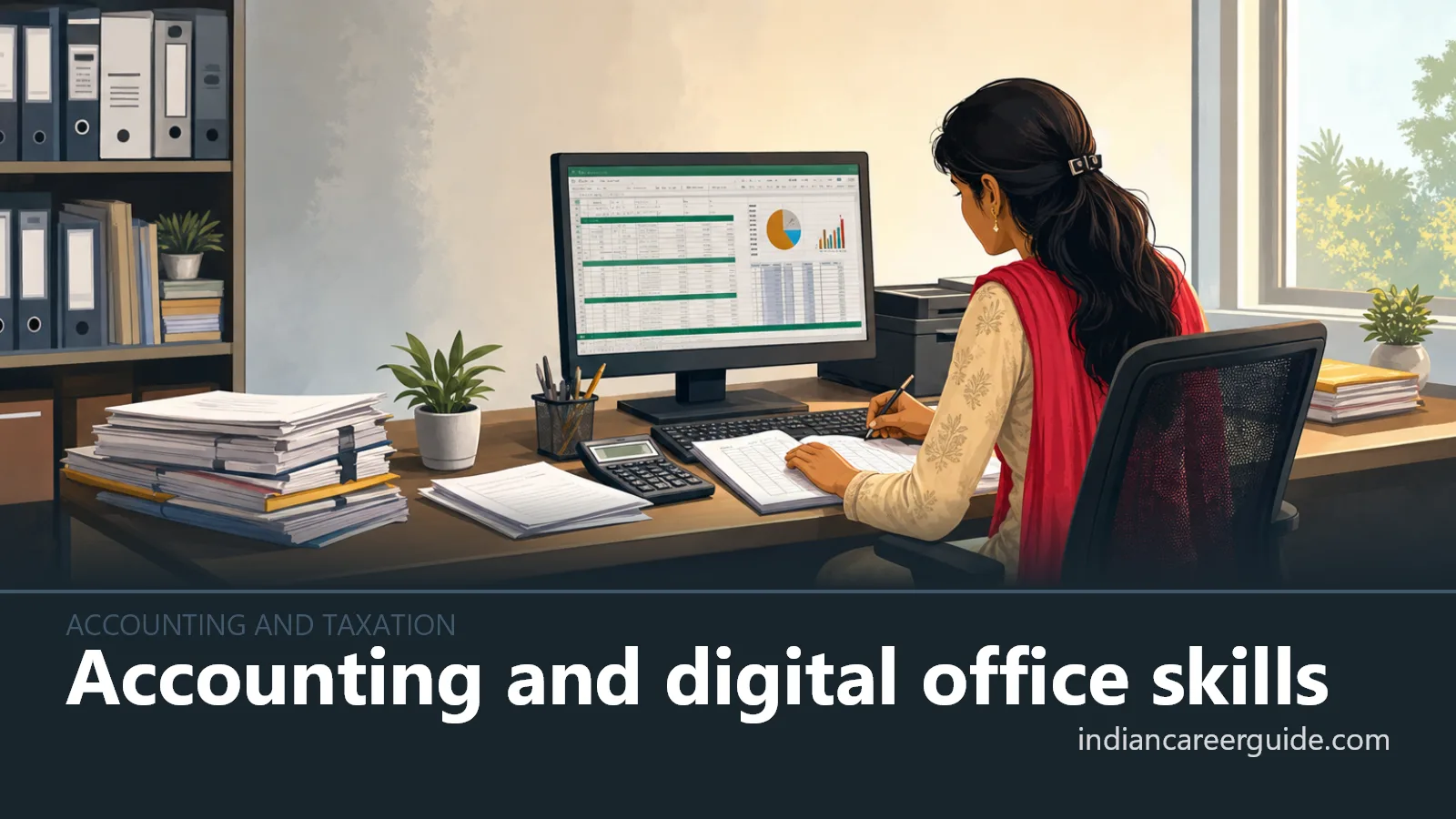 Small business office where an accounting and digital office skills worker prepares a GST return on a computer.