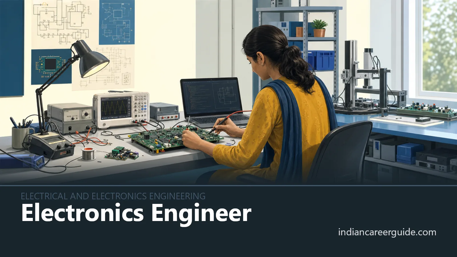 In an electronics manufacturing lab, an Electronics Engineer tests a control board at a workbench.