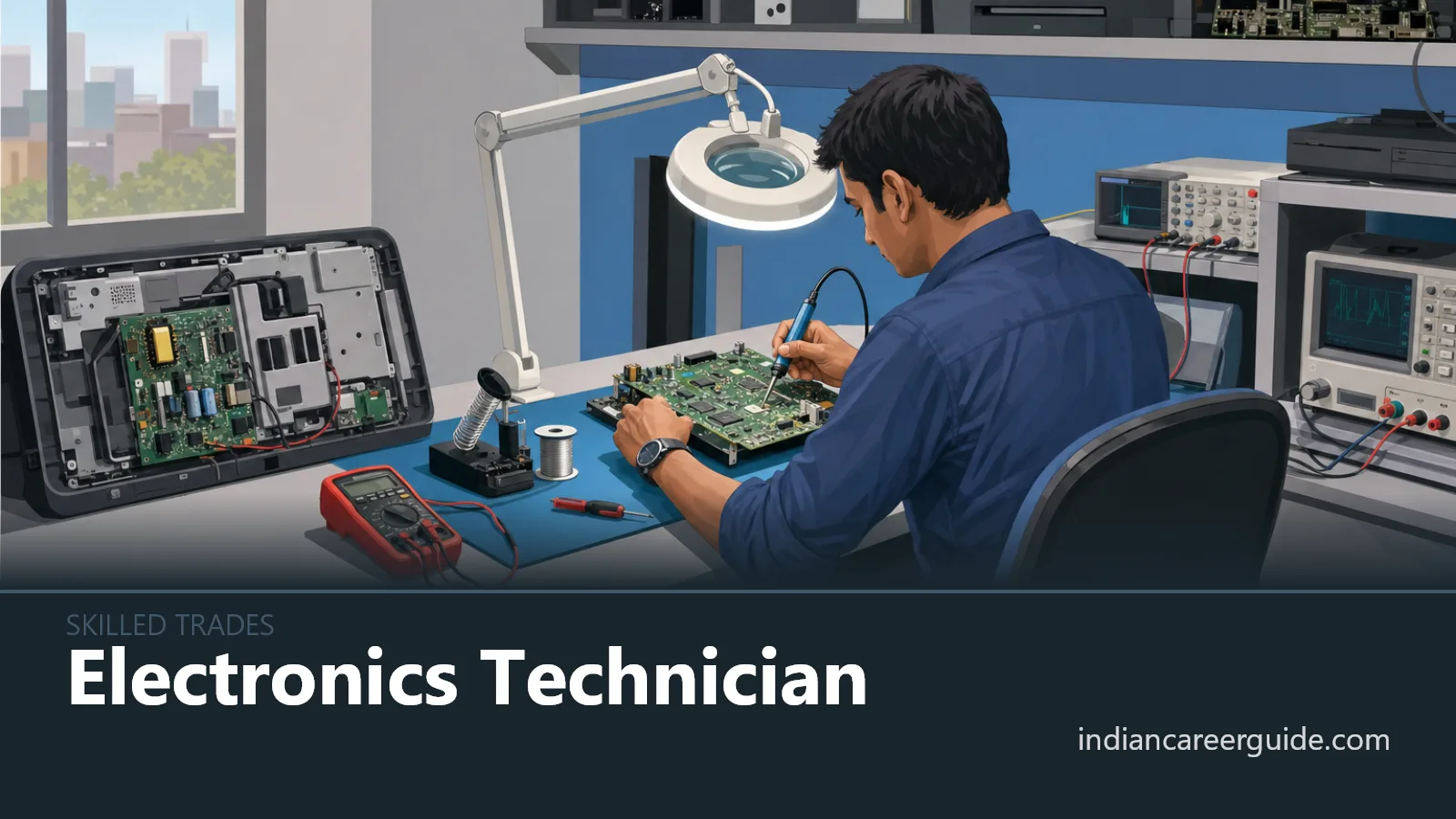 At an electronics service centre, an electronics technician tests a circuit board at a repair bench.