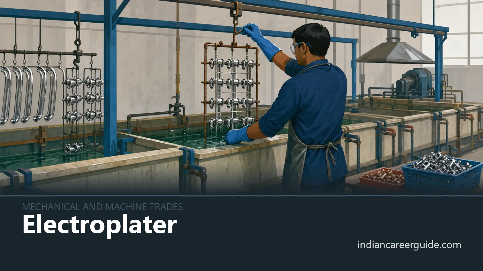 In a plating shop, an electroplater checks coated hardware beside tanks and exhaust hoods.