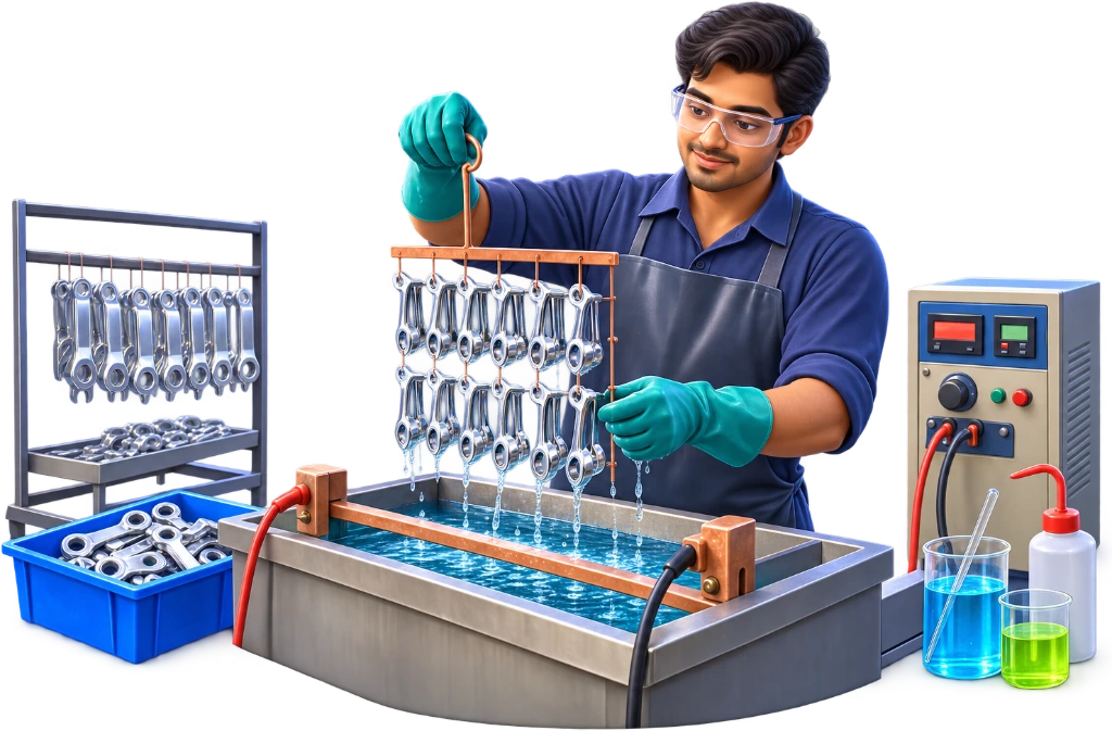 Electroplater wearing gloves lowers metal parts into a plating bath with tongs.